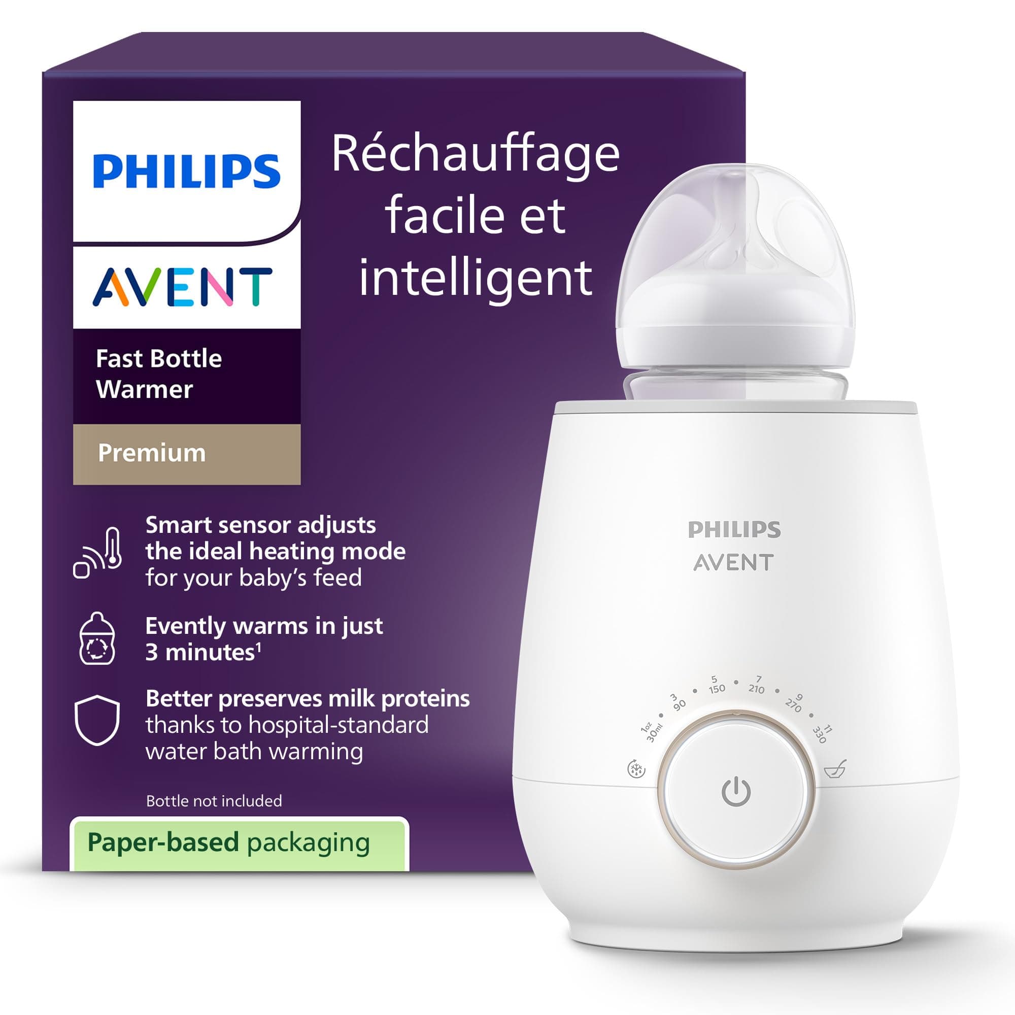 Philips Avent Chauffe-biberon rapide, contrôle intelligent de la température, chaleur uniforme sans point chaud, réchauffage bain-marie qualité hospitalière, arrêt automatique, SCF358/00