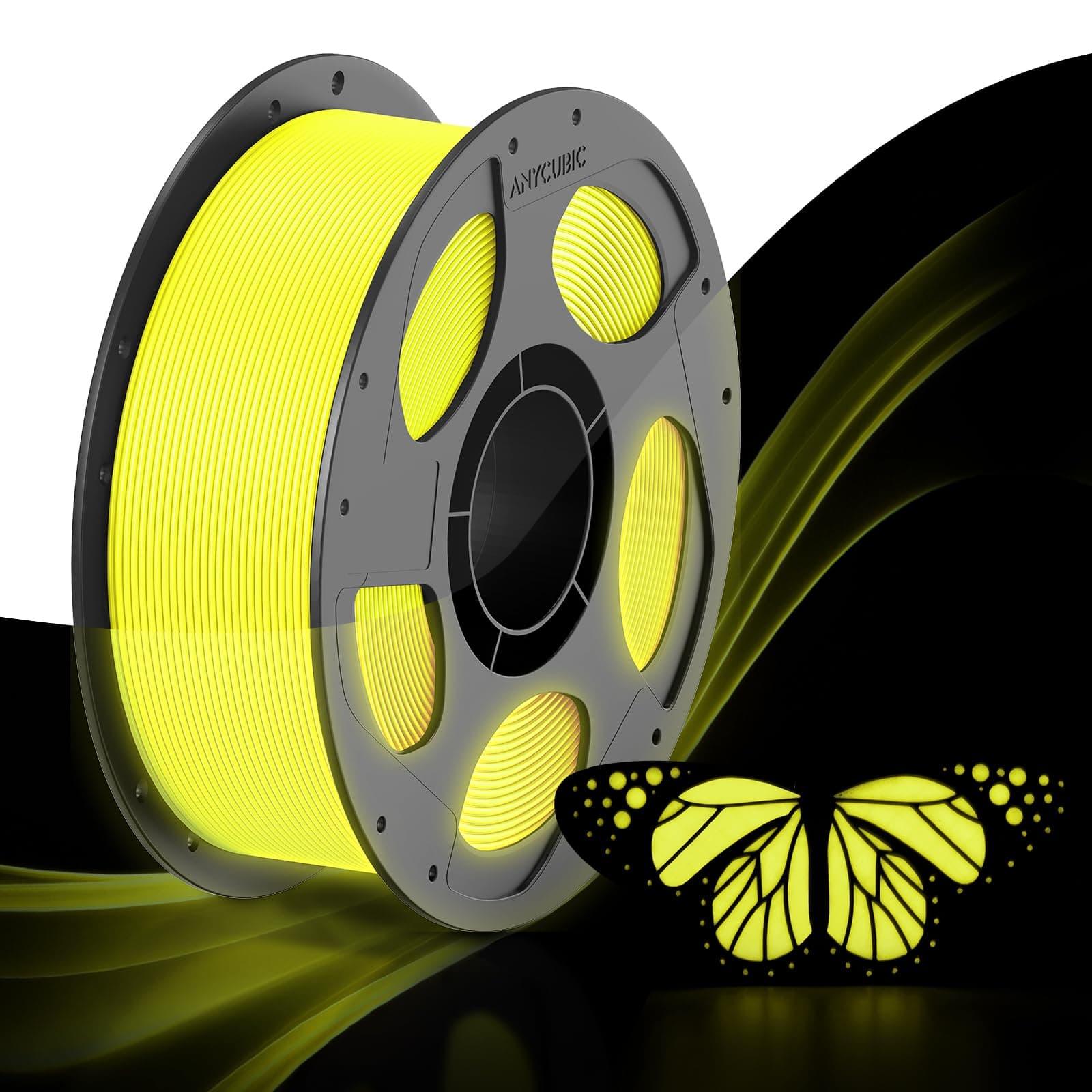 ANYCUBIC PLA Leuchtet Filament, Glow In The Dark Filament, 120 Minuten durchgehendes Leuchten, Intelligente Identifikation, 1KG Spule PLA für 3D Drucker, Gelb(Gelb im Dunkeln)