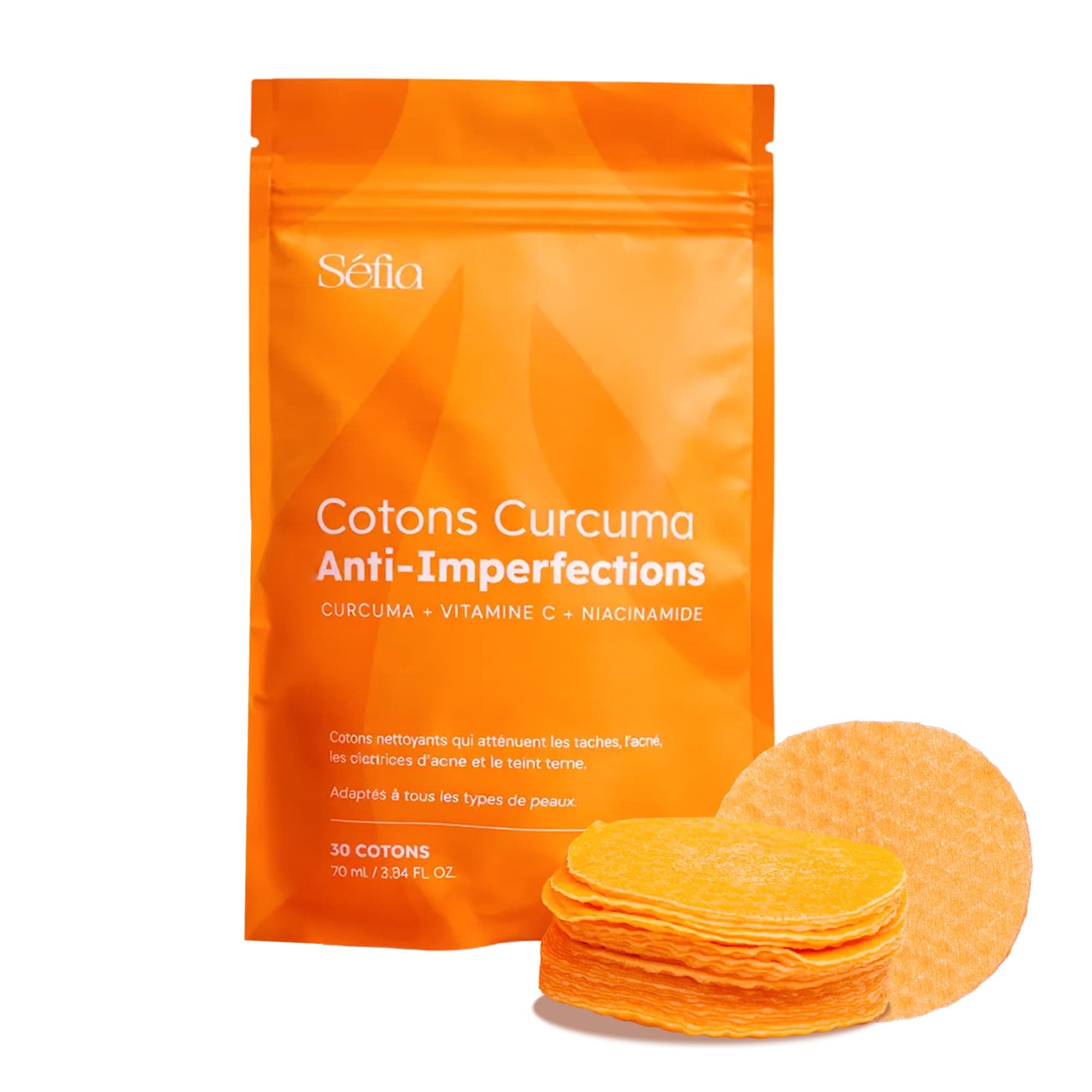 Séfia - Cotons anti-imperfections visage & corps - 30 cotons - Curcuma + Vitamine C + Niacinamide - Aide à atténuer l'apparence des taches - Tous types de peaux (Recharge (30 cotons))