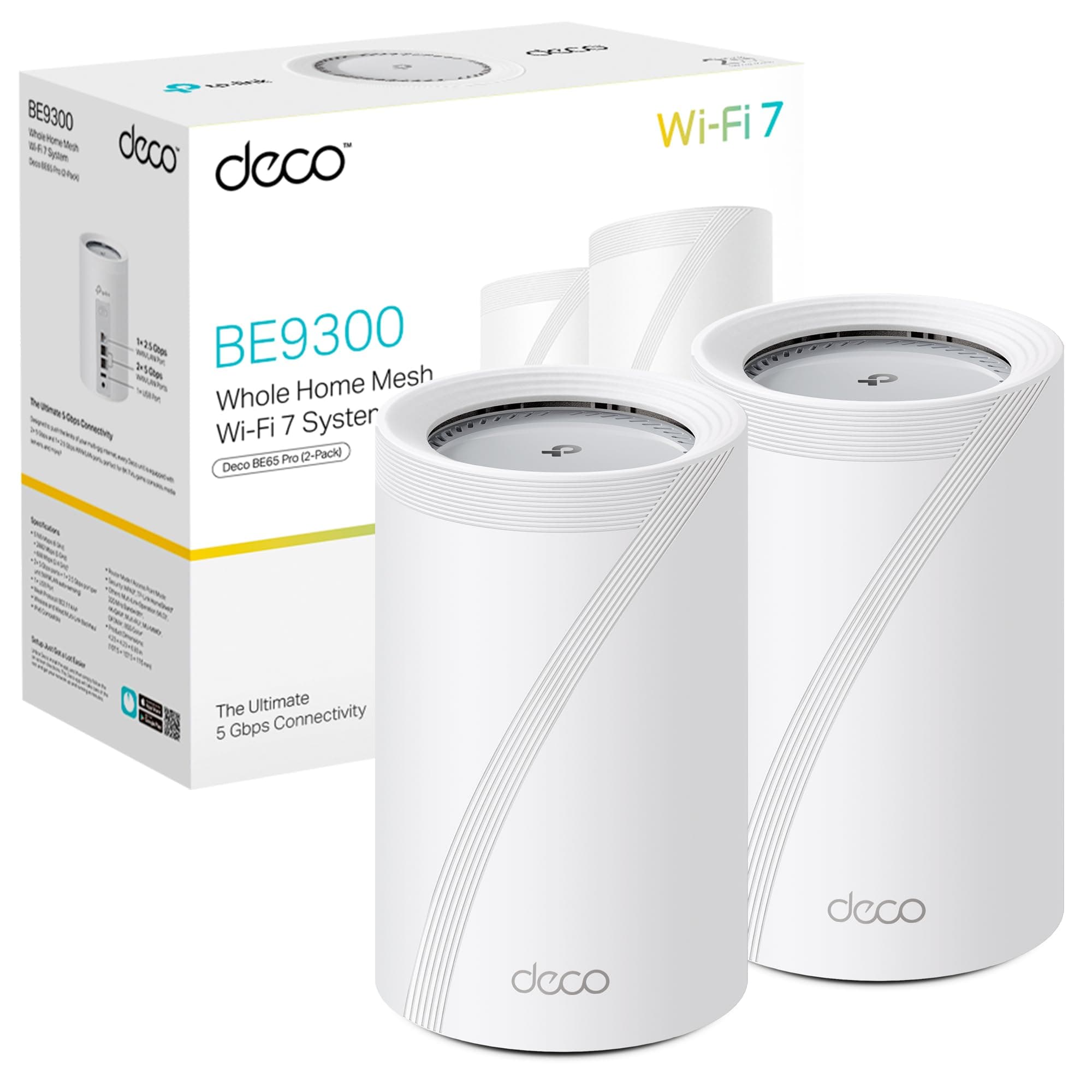 TP‑Link Deco BE65 Pro (2-Pack) – Wi‑Fi 7 Mesh Triband BE11000 System (11 Gbps), Hybrid Backhaul, Multi‑Link Operation, LAN Ports 2×5 Gbps + 1×2.5 Gbps, HomeShield