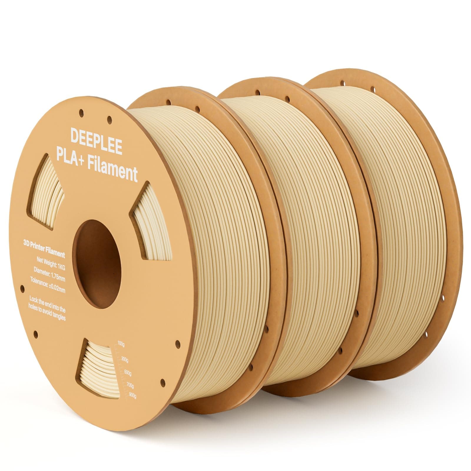 DEEPLEE Filamento PLA+ 1.75 mm, Kit 3 Bobinas Beige (3kg). Mayor Resistencia y Dureza. Precisión ±0.02 mm, Sin Atascos. Compatible con FDM.