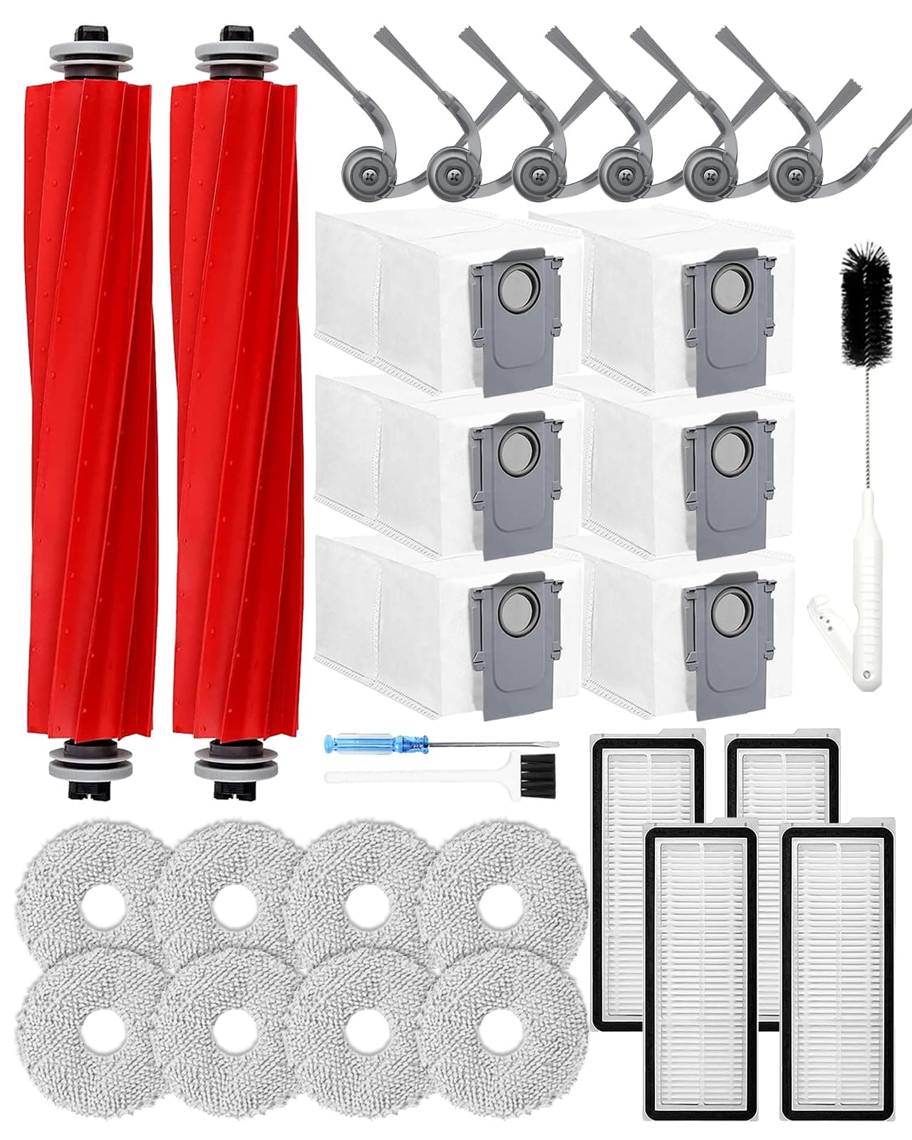 29 pezzi QV35A accessori per Roborock QV 35A/QV 35S/QR 598/QR 798 aspirapolvere robot. 2 spazzole principali, 6 sacchetti per la polvere, 4 filtri HEPA, 6 spazzole laterali, 8 tamponi