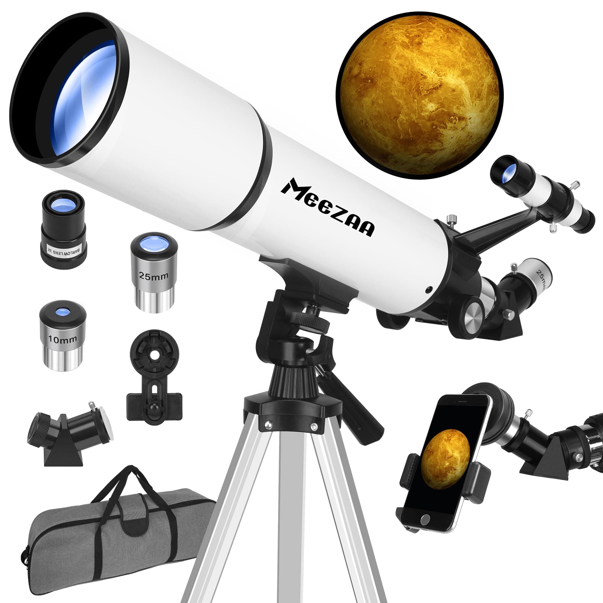 MEEZAA Telescopio, Telescopio Astronómico Adultos Profesional, 80mm Apertura 600mm Portátil Telescopios Refractor para Niños y Principiantes con Trípode, Adaptador Teléfono y Bolsa, Observer la Luna