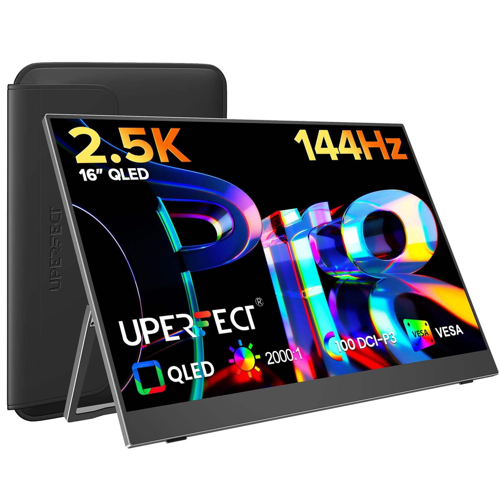 UPERFECT Écran Portable 2,5K 144Hz 16 Pouces QLED 100% DCI-P3, QHD 400 Nits FreeSync, USB-C & HDMI, Utilisez-Le comme Second Écran pour Laptop PC Consoles de Jeux, Compatible VESA