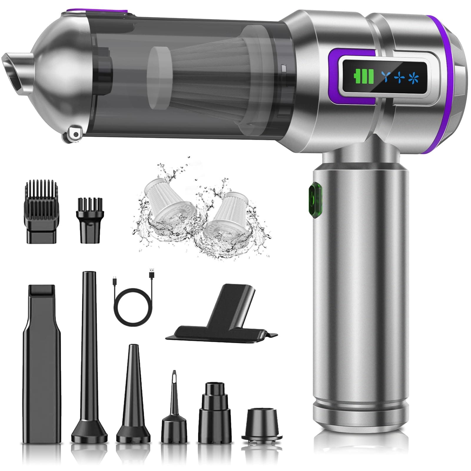Aspirabriciole Senza Fili, 25000Pa 4-in-1 Aspirapolvere Auto Cordless con Schermo, One-Touch Dust Dump con 3 Velocità Motore Brushless, Mini Aspirapolvere per Casa, Ufficio, Auto, Capelli, Argento