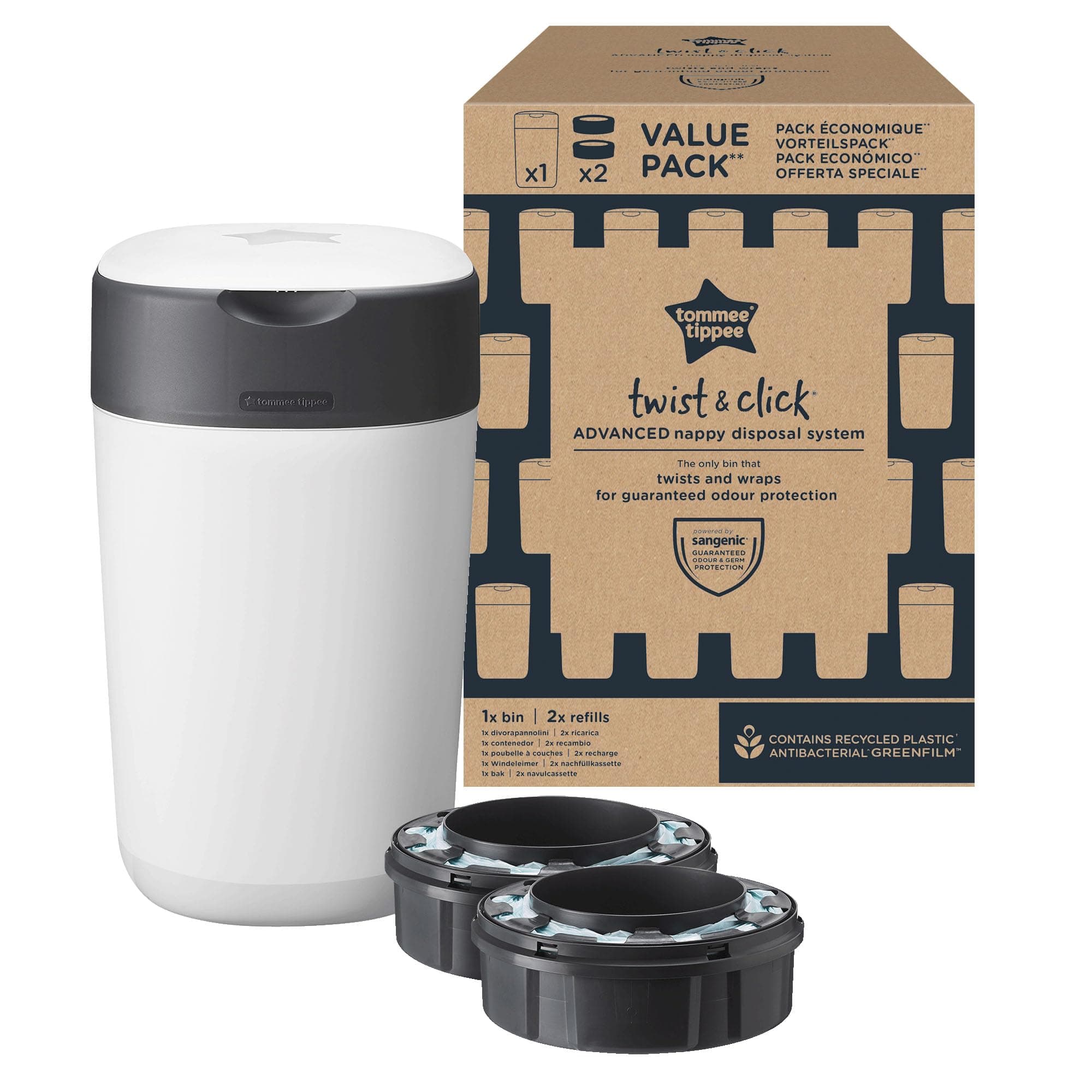 Tommee Tippee Poubelle à couches Twist & Click, Pack Exclusif avec x2 Recharges incluses, Protection anti-odeurs et anti-germes garantie, Grande capacité