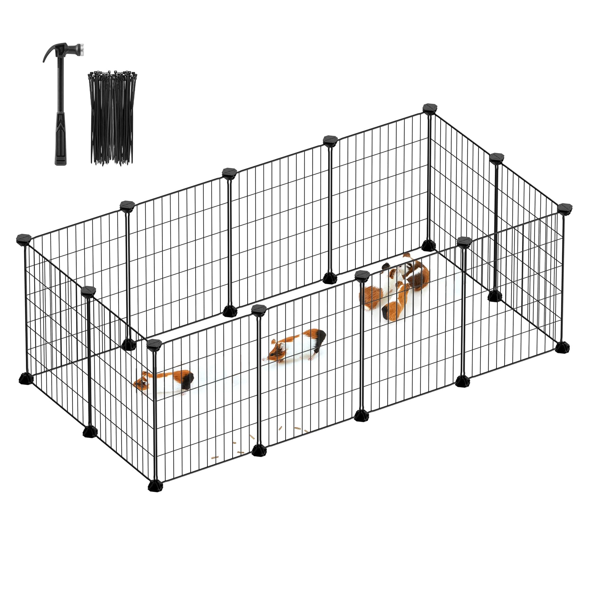SONGMICS Freilauf, DIY-Kleintiergehege, Kleintierkäfig, Kaninchen, Meerschweinchen, Metallgitter, 143 x 73 x 46 cm, schwarz LPI01H