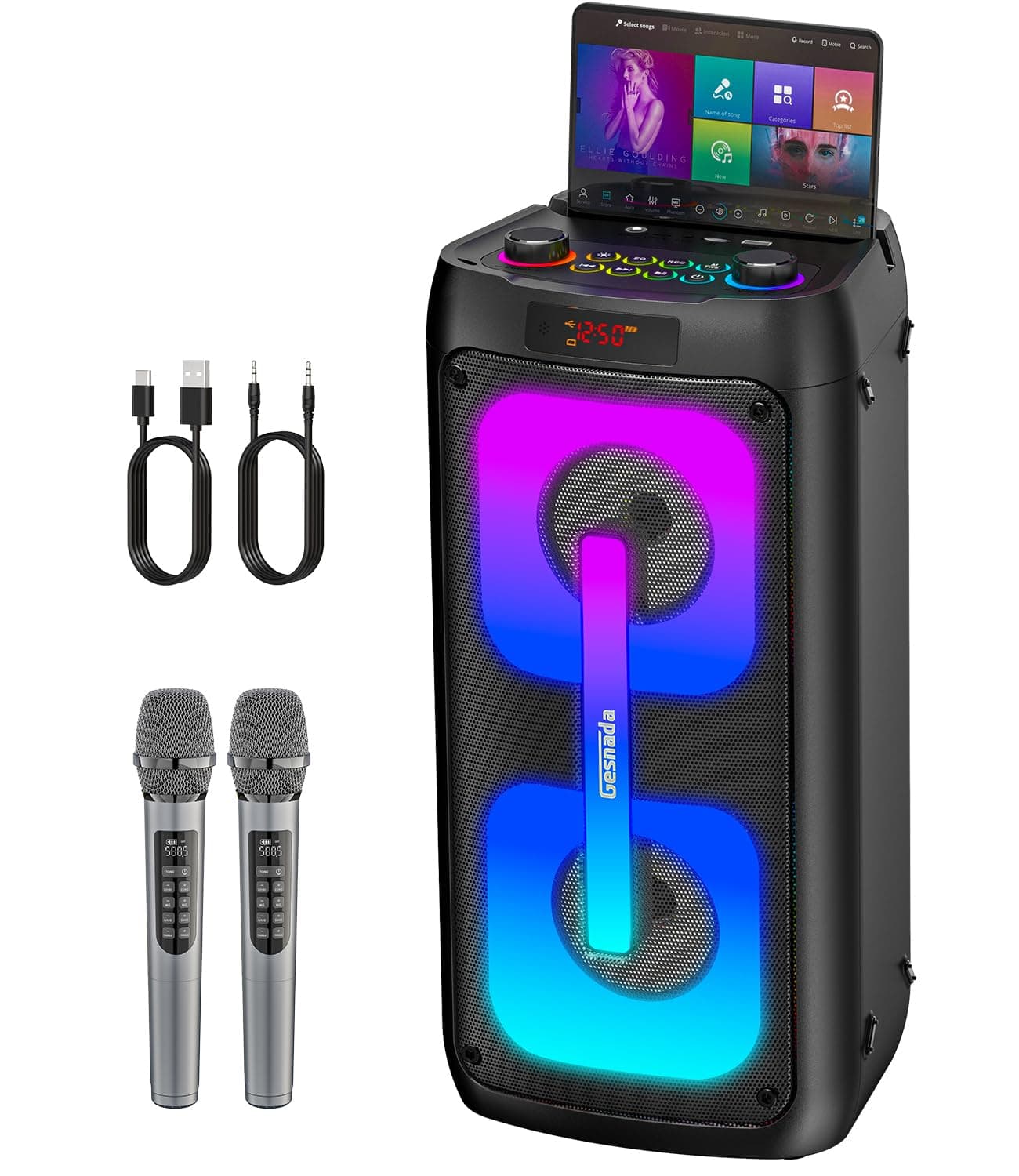 Machine de karaoké pour Adultes avec 2 Microphones,Enceinte Bluetooth Karaoke Professionnel avec Les lumières LED,idéale pour Les fêtes de Famille et Les Cadeaux. Support USB/TF/AUX/MIC/TWS