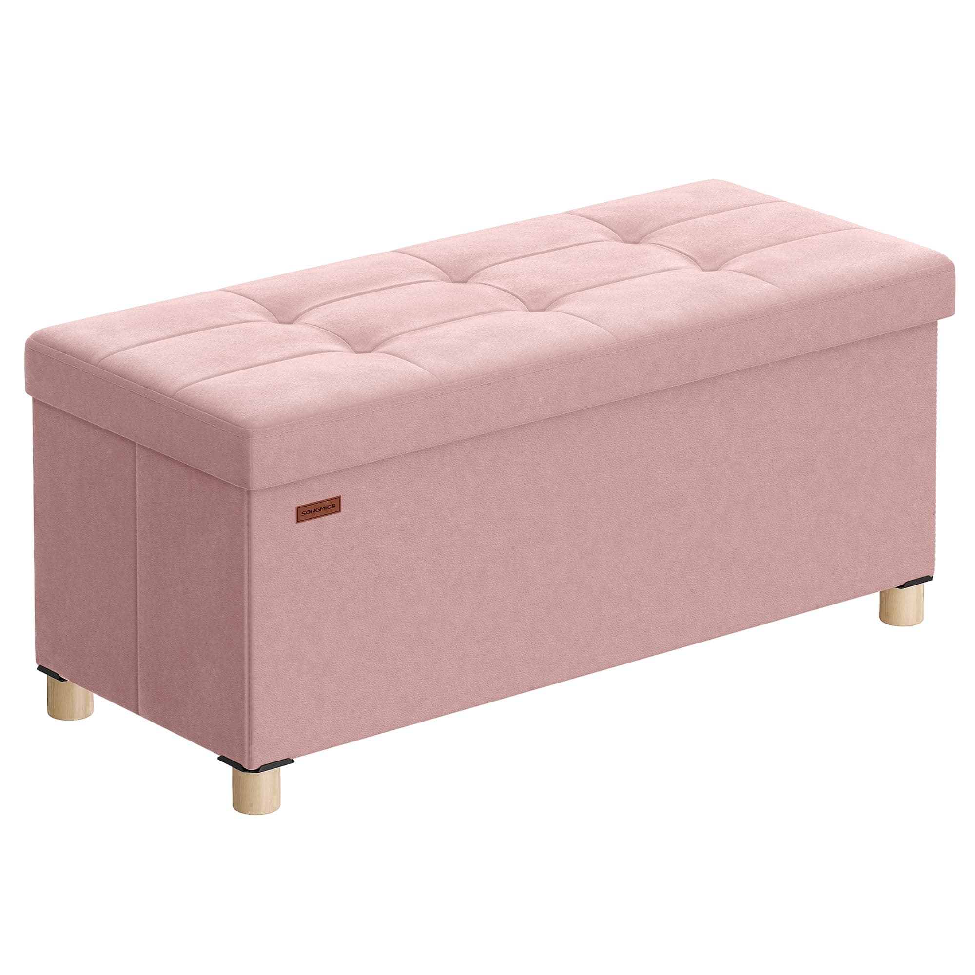 SONGMICS Pouf Contenitore Cassapanca Pieghevole, 38 x 76 x 38,5 cm, Sgabello Poggiapiedi, 77 L, Superficie in Velluto, per Camera da Letto Soggiorno, Rosa Pastello LSF0517R01