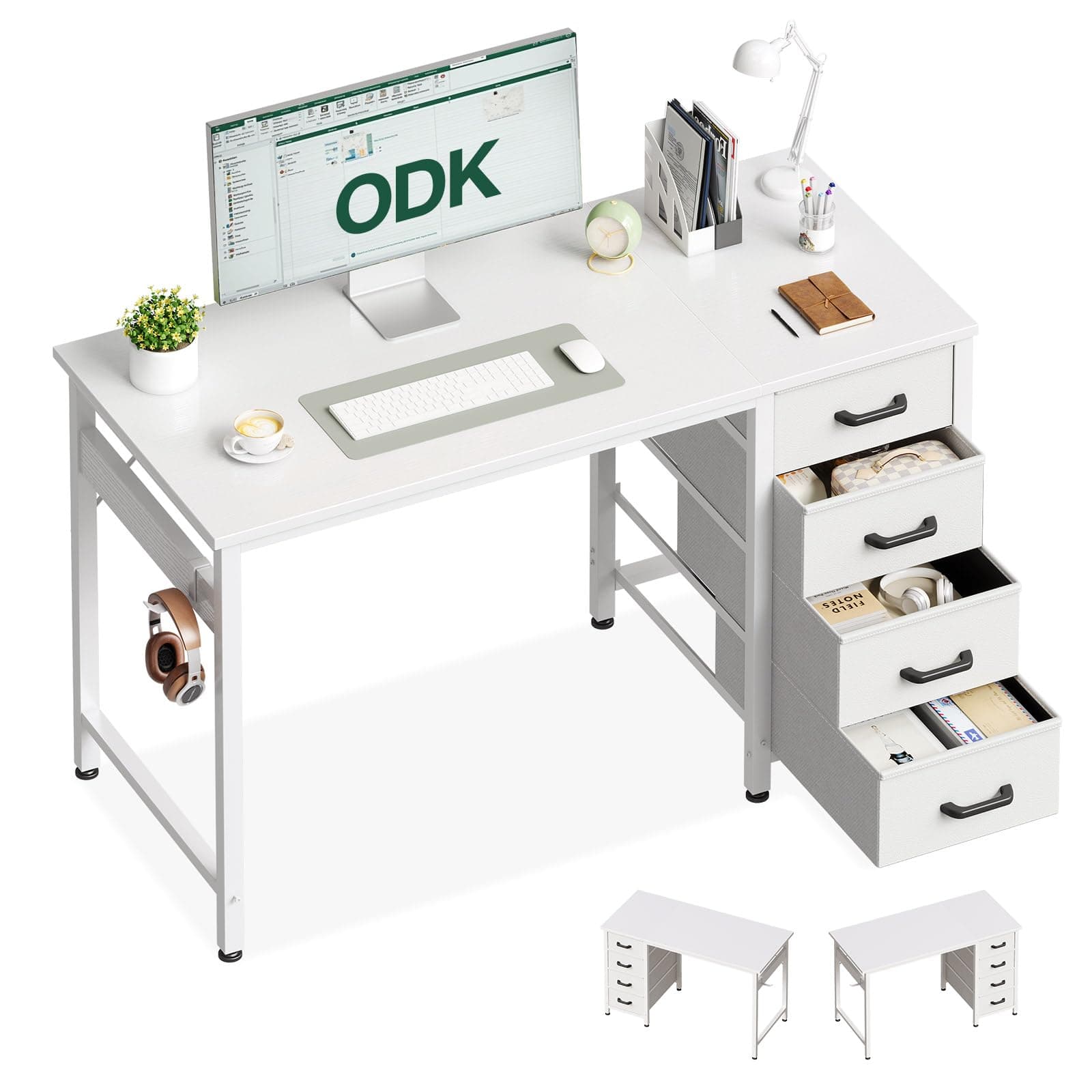 ODK Escritorio Pequeño con 4 Cajones de Tela, 100x48cm Mesa Escritorio Ordenador Reversible con Gancho para Auriculares, Escritorio de Estudio para Oficinas Hogar y Puestos de Trabajo, Blanco