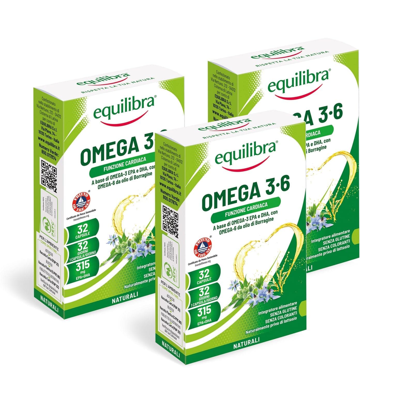 Equilibra Integratori Alimentari, Omega 3-6, Integratore con EPA e DHA, per la Normale Funzione Cardiaca e Cerebrale, per la Capacità Visiva Normale, 3 Pezzi da 32 Capsule