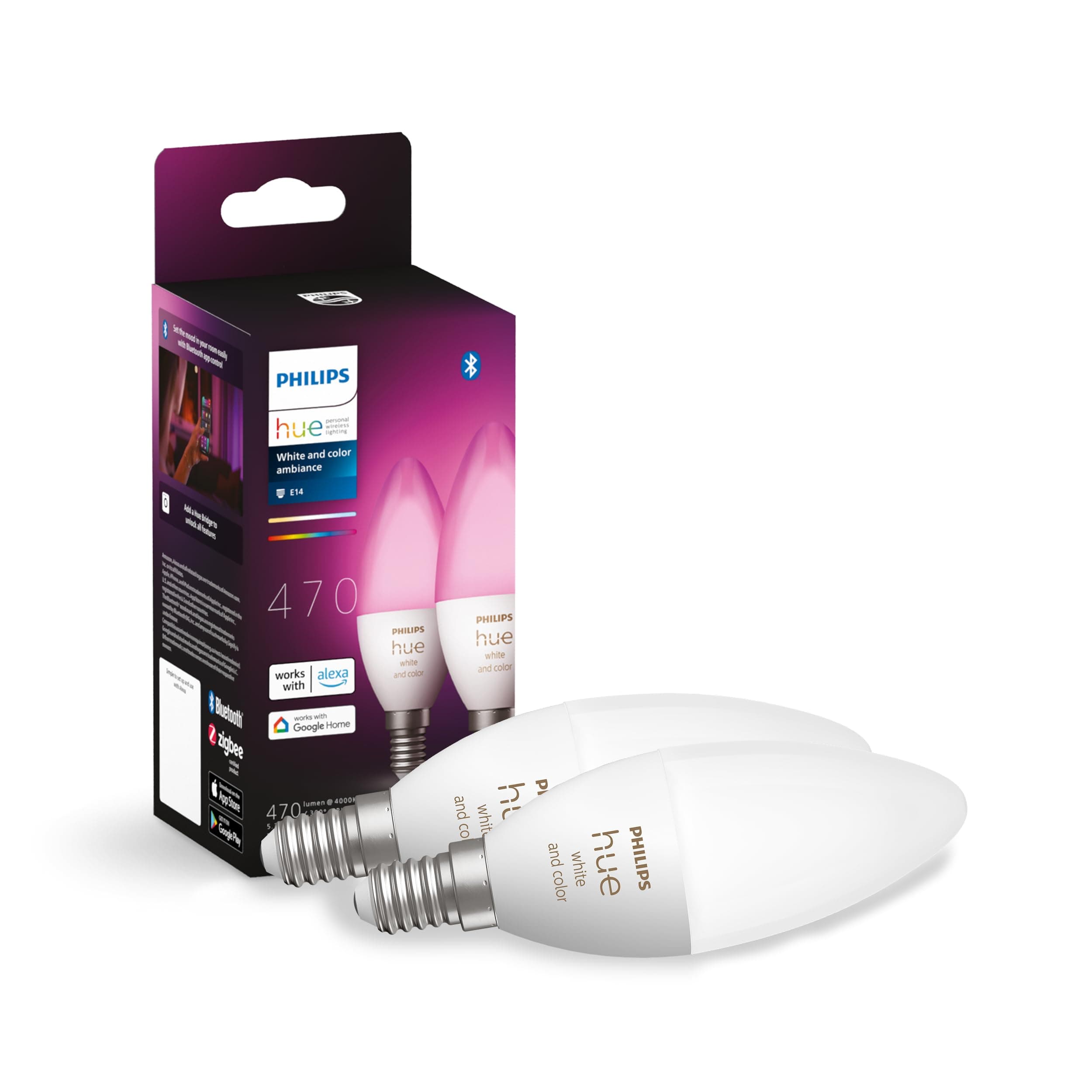 Philips Hue White & Color Ambiance, ampoule LED connectée E14, compatible Bluetooth, pack de 2, fonctionne avec Alexa, Google Assistant et Apple Homekit