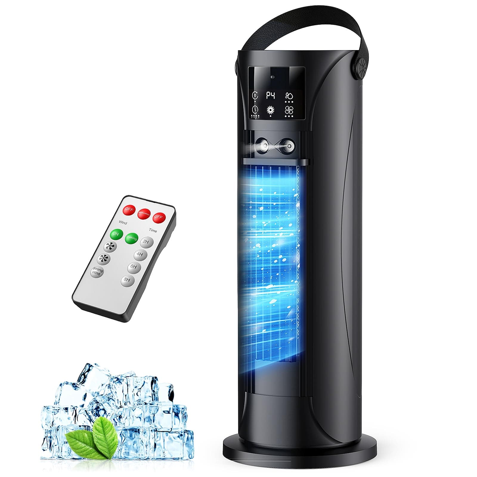 Climatiseur Mobile 4 en 1 Silencieux 28dB, Rafraîchisseur d’Air Mode Tempête, Oscillation 120°, 4 Vitesses Vent Naturel 3D Sommeil, 2 Brumisations, Minuterie 8H pour Chambre Bureau（Noir pur）