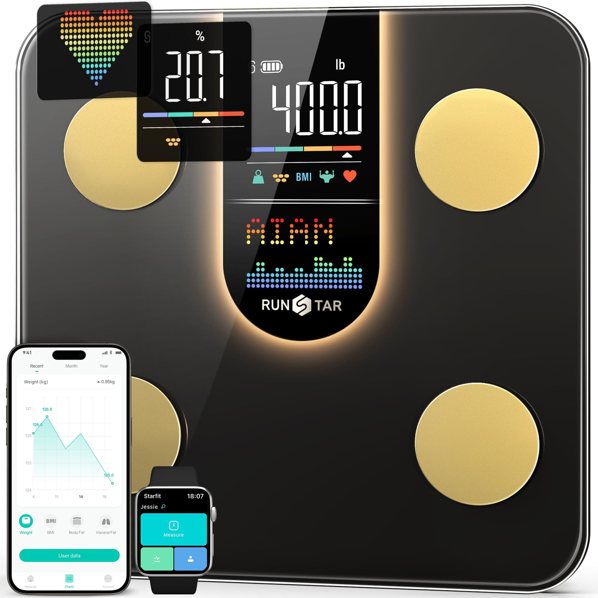 RunStar Bilancia Pesapesone, Bilancia Smart Con Display VA 8in1, Bilancia Pesapersone Digitale Alta Precisione Peso Corporeo, FC, BMI, Grasso Corporeo, 22 Dati Composizione Corporea, Sync App