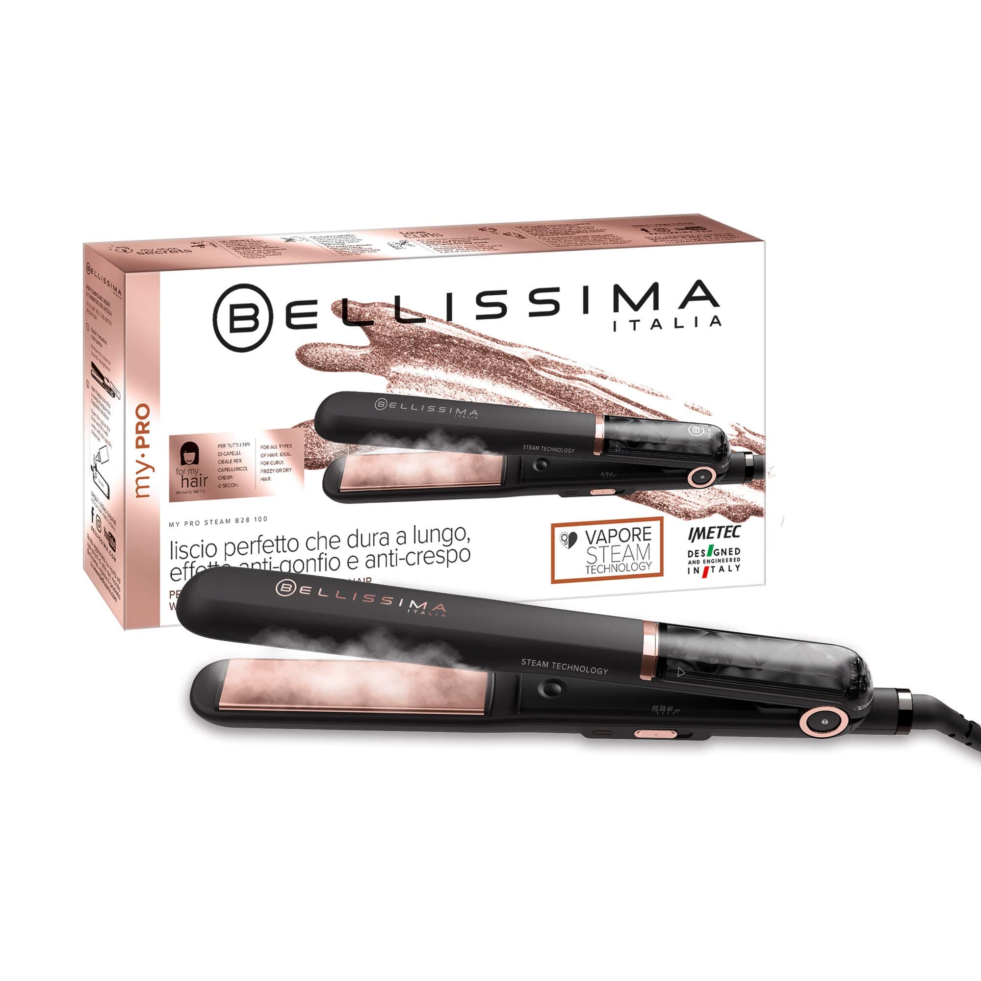 Bellissima Imetec My Pro Steam B28 100 piastra per capelli professionale a vapore, effetto liscio a lungo, rivestimento in ceramica, temperatura regolabile 170°C - 200°C - 230°C, riscaldamento rapido