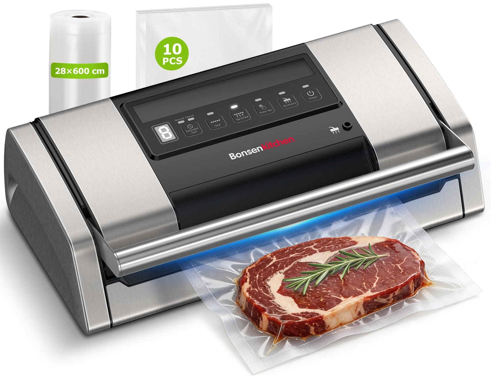 Bonsenkitchen Macchina Sottovuoto Alimenti 15 L/min, Con Clip per Sacchetto e Taglierina Integrata, per Cottura Sous Vide e Preparazione Alimenti, Sigillatura Rapida ad Alte Prestazioni-VS5100