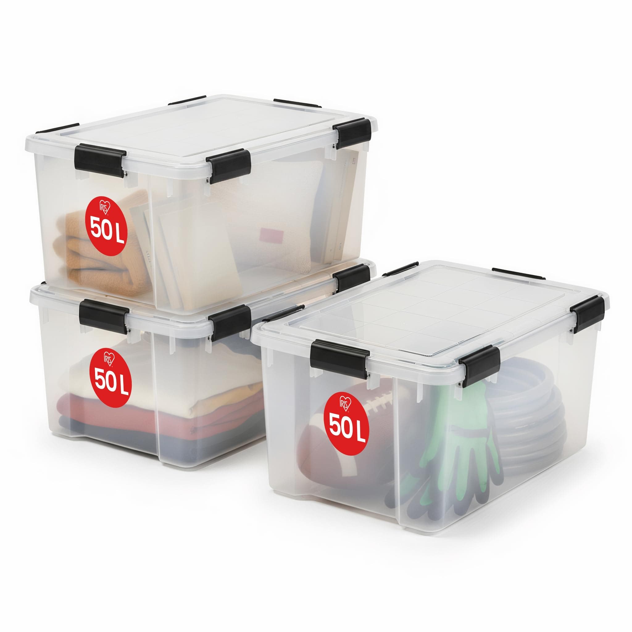 Iris Ohyama, Boite Rangement Hermétique, 50L, Lot de 3, Transparent, Couvercle avec Joint Etanche, 6 Clips de Fermeture, Empilable, pour Exterieur, Garage, Vetement, Anti Poussiere, Sans BPA, AT-L