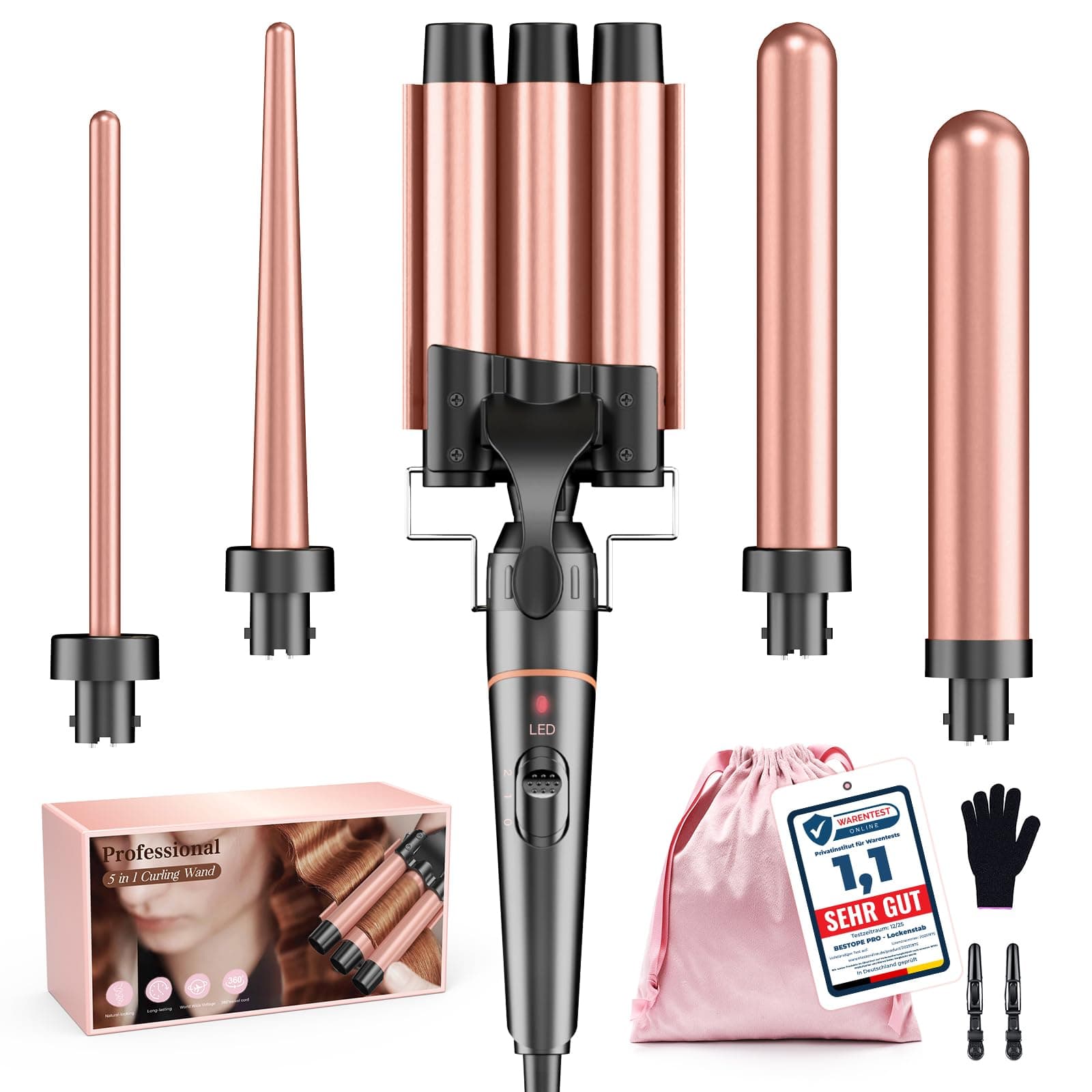 BESTOPE PRO Lockenstab Set 5-in-1 – 3 Keramikfässer für Große Locken & Wellen – Schnelles Aufheizen, 2 Temperaturstufen, Lockenwickler mit Handschuh & 2 Clips, Anti-Frizz, Dual Voltage