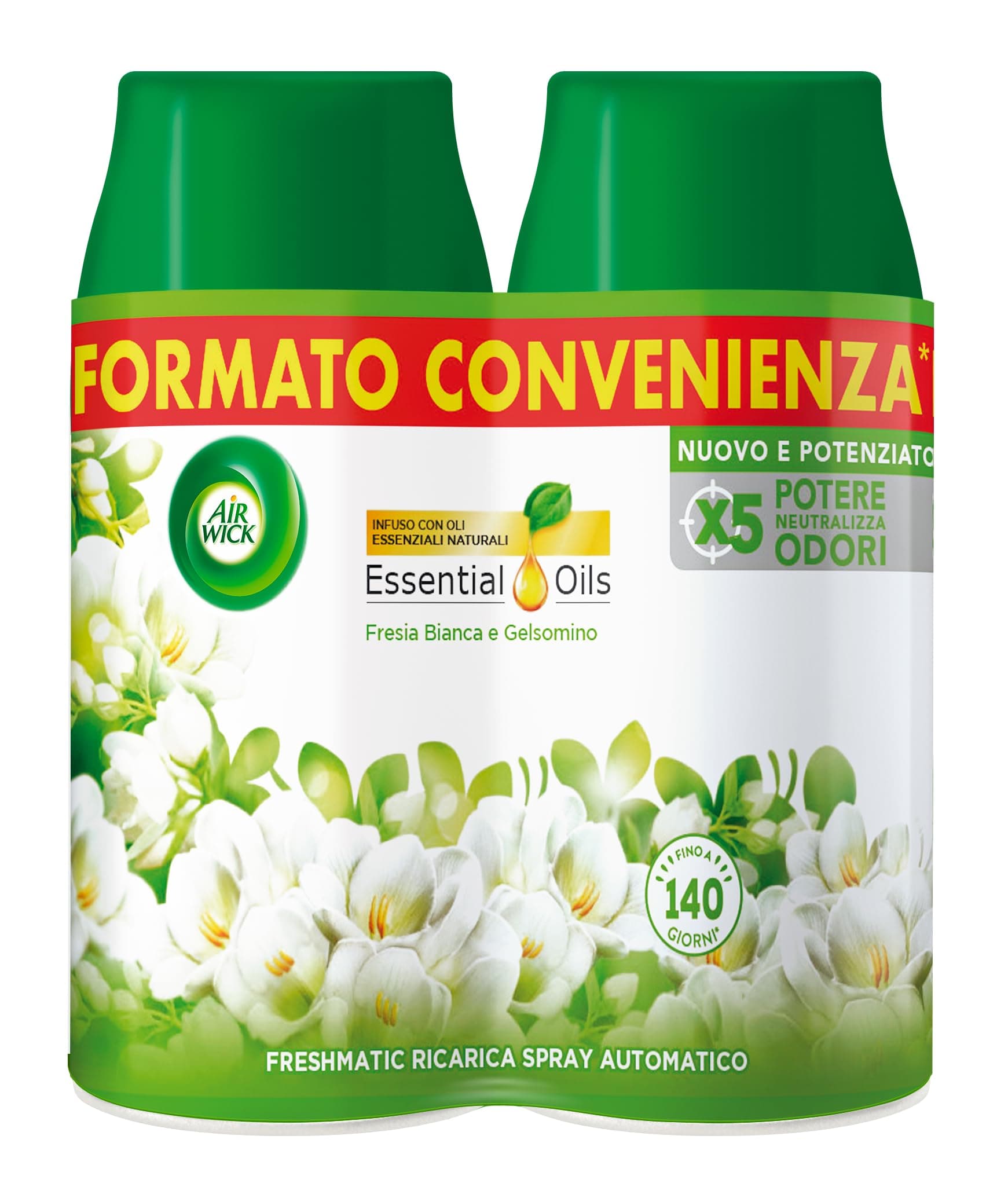 Airwick Freshmatic Profumatore per Ambienti, 2 Ricariche Spray Automatico, Fragranza Fresia Bianca e Gelsomino, Profumo da 250 ml