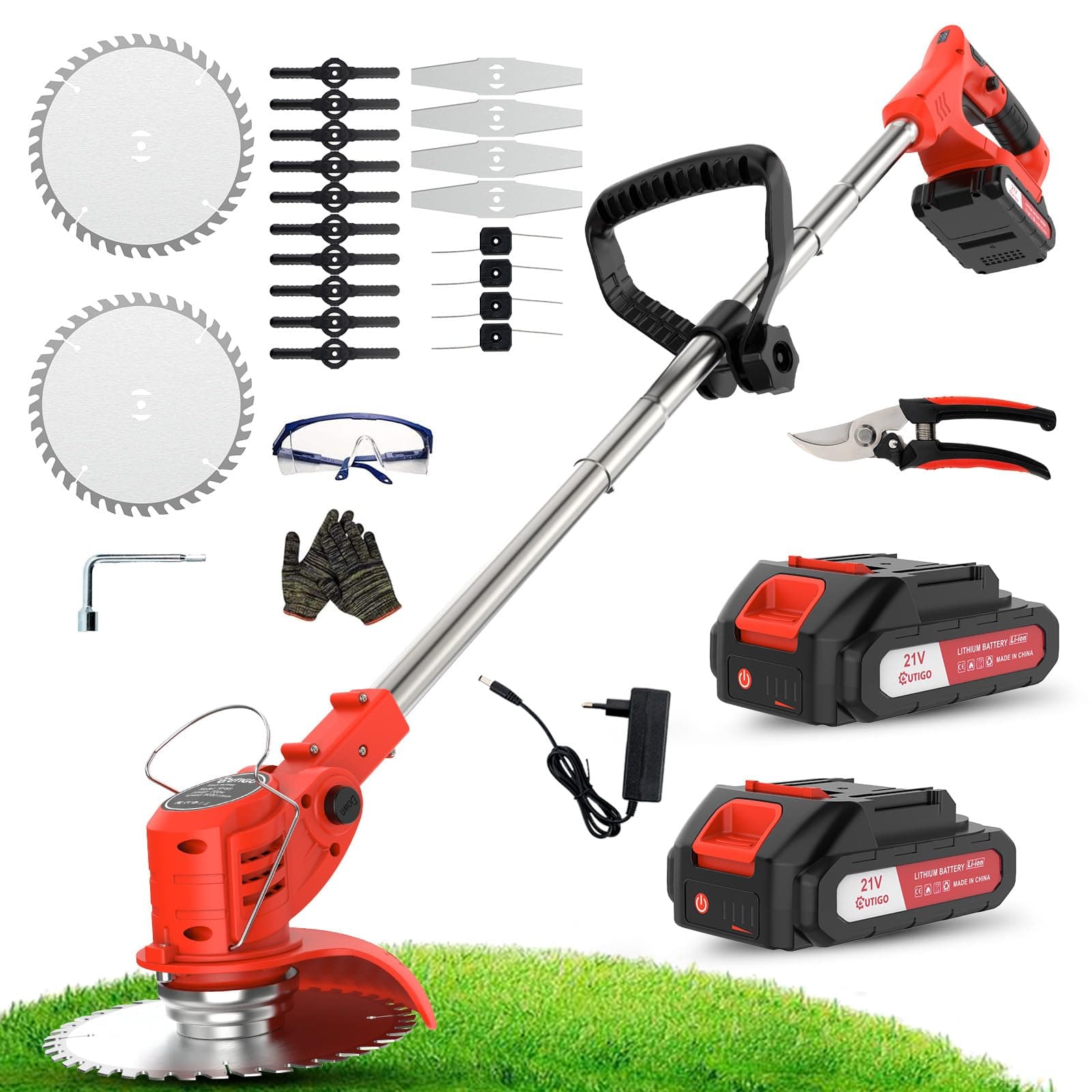 OUTIGO Decespugliatore a Batteria, Tagliaerba Elettrico a Batteria da 800 W, Taglia Erba da Giardino Elettrico con 4 Tipi di Lame,tosaerba telescopico, manico regolabile da 71 a 106 cm