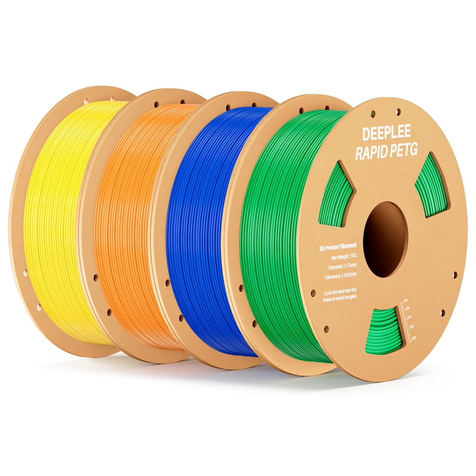DEEPLEE PETG Rapid 1.75 mm, Kit 4 Bobinas Amarillo, Naranja, Azul y Verde (4kg). Velocidad 600 mm/s y Alta Resistencia al Impacto. Compatible con Impresoras FDM.