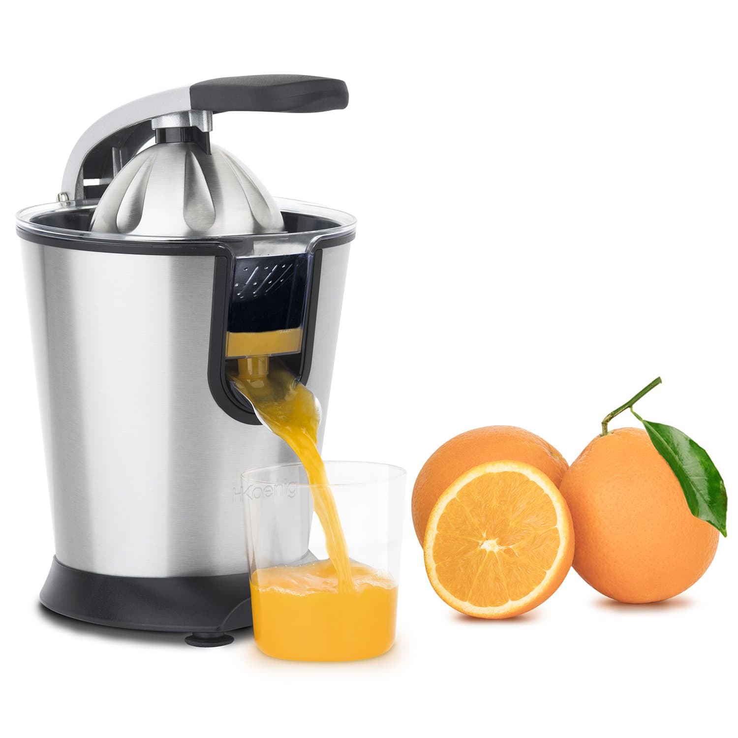 H.Koenig Presse-agrumes électrique professionnel à levier AGR80, inox, 160W puissant, bec anti-gouttes, compatible lave-vaisselle, Argent