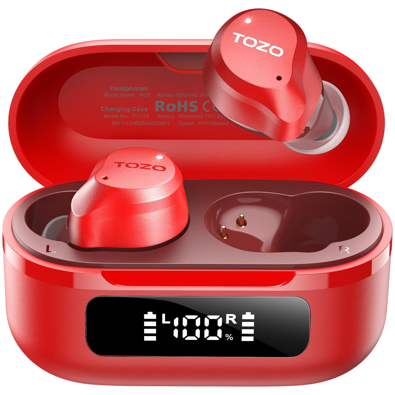 TOZO Hybrid Auriculares Inalámbricos Bluetooth 5.3 ANC Híbrida 6 Mics ENC, Reducción de Ruido 45dB, ORIGX 2.0 Acústico 32 EQs, 60H, Pantalla LED, USB Tipo C, IPX8, para Oficina y Commuting, Rojo