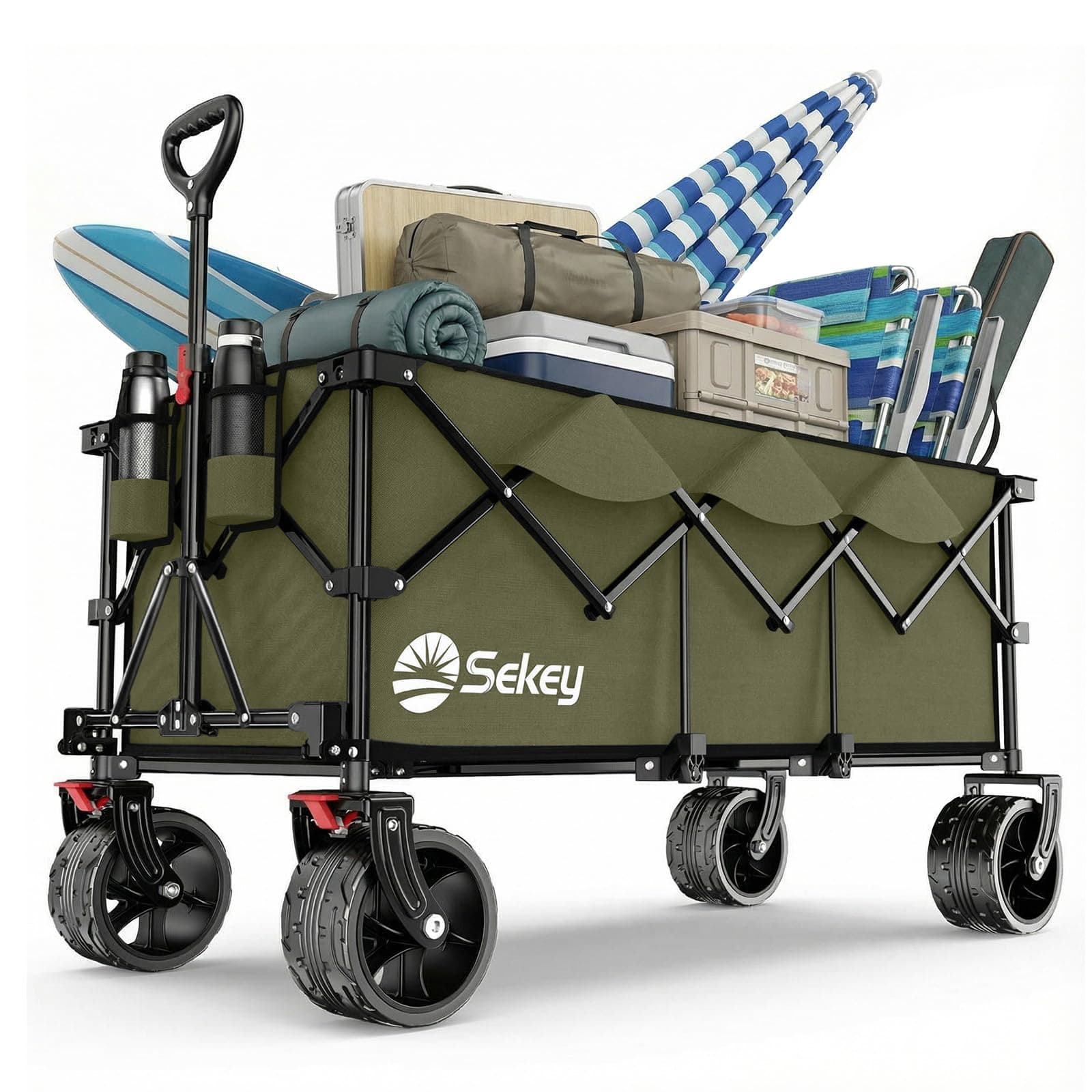 Sekey XXXL Chariot Pliable 300L 200KG, Modèle Allongé avec Roues Tout-Terrain 17x10 cm, Breveté Mécanisme 4-en-1 Dépliage Instantané, Vert Olive
