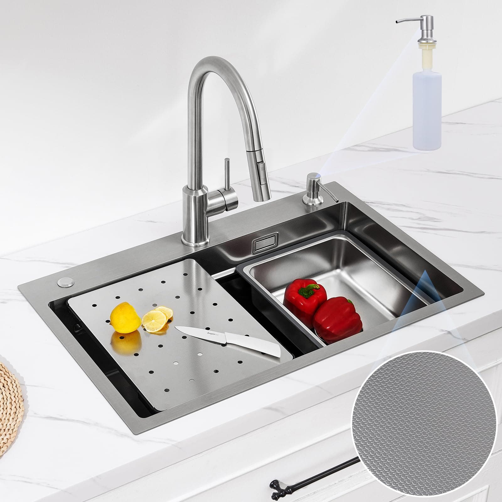 CECIPA Lavandino Cucina 70x45 CM, Lavello Cucina 1 Vasca con Dispenser Sapone, Lavabo Cucina con Vasca Mobile e Tagliere, Lavello in Acciaio Inox 201 con Sifone e Set di Drenaggio