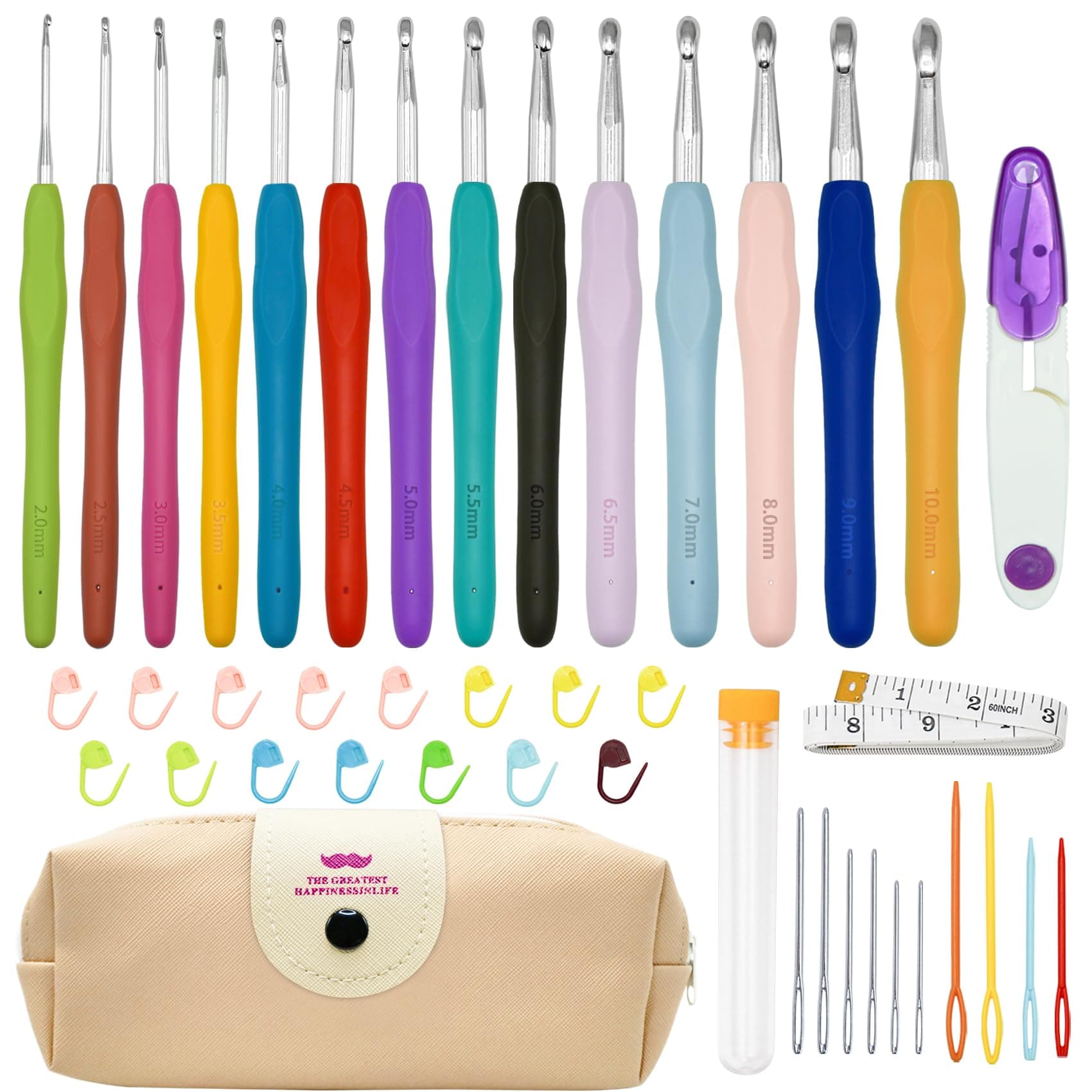 Gigmeta Set di 14 ganci all'uncinetto, per principianti adulti, set all'uncinetto per lavorare a maglia con manici ergonomici in gomma, custodia e borsa portatile, regalo per sorelle