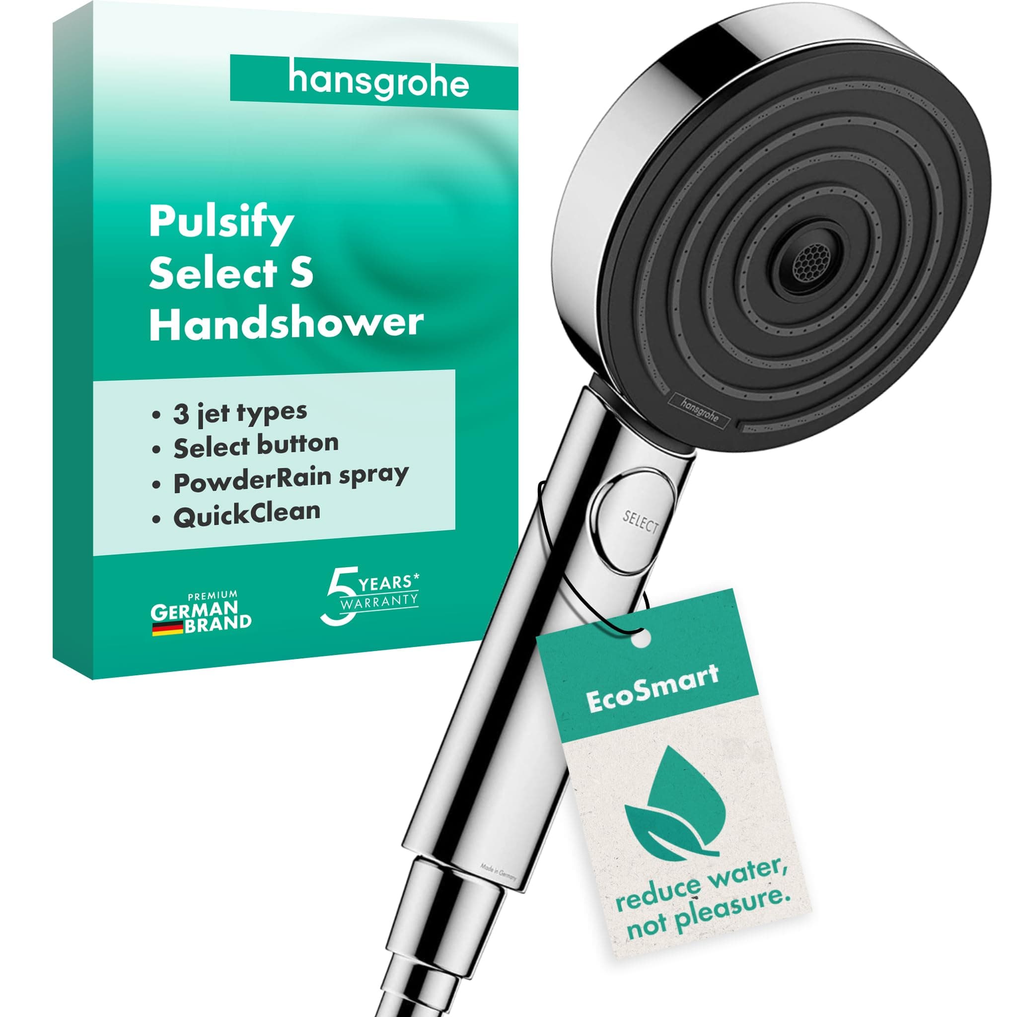 hansgrohe Pulsify Select S - wassersparender Duschkopf 6,9 l/min (EcoSmart), Handbrause mit 3 Strahlarten, 105 mm Duschbrause, Sparduschkopf mit Antikalk-Funktion, Chrom, 24111000