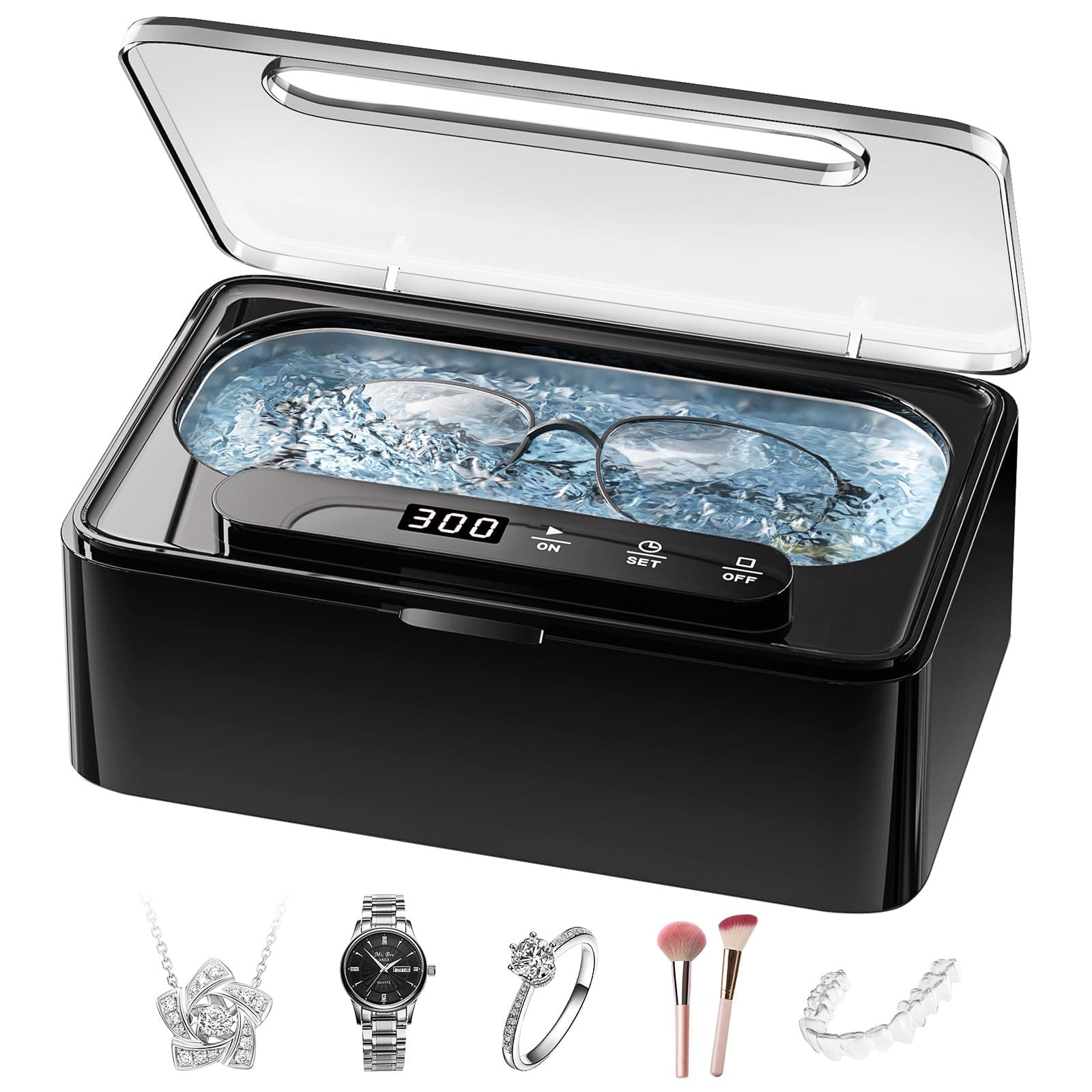 Nettoyeur Ultrasons, Ultrasonic Cleaner 47kHz, Bac a Ultrason Portable 330 ml avec 4 Modes de Nettoyeur Ultrasons Lunettes pour Bijoux, Prothèses Dentaires, Lunettes, Bagues, Montres(Noir)