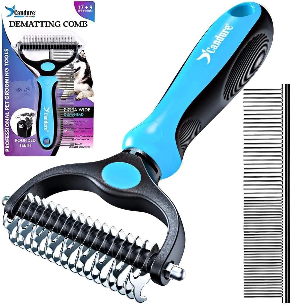 Candure Brosse Chien et Chat Professionnel Brosse Chien Poil Long Toilettage du Chien Râteau Dents à Double Face 17+9 Élimine Les Nœuds, Les Tapis et Les Cheveux Emmêlé (Azul)