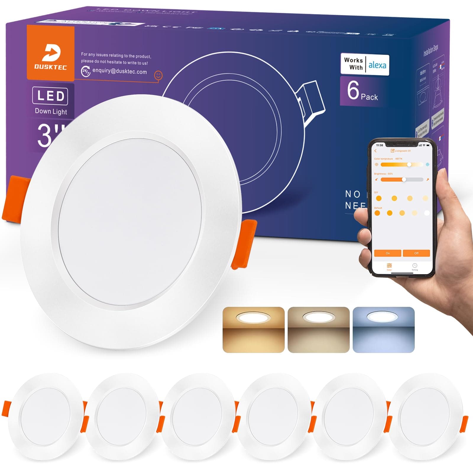 DUSKTEC Spot LED Encastrable Connectée Bluetooth Alexa, 220V Spot Encastré Intensité Variable 2700K-6000K Réglable Blanc Chaud, Neutre & Froid Dimmable 7W, IP44 Spot Salle de Bain Plat, Lot de 6