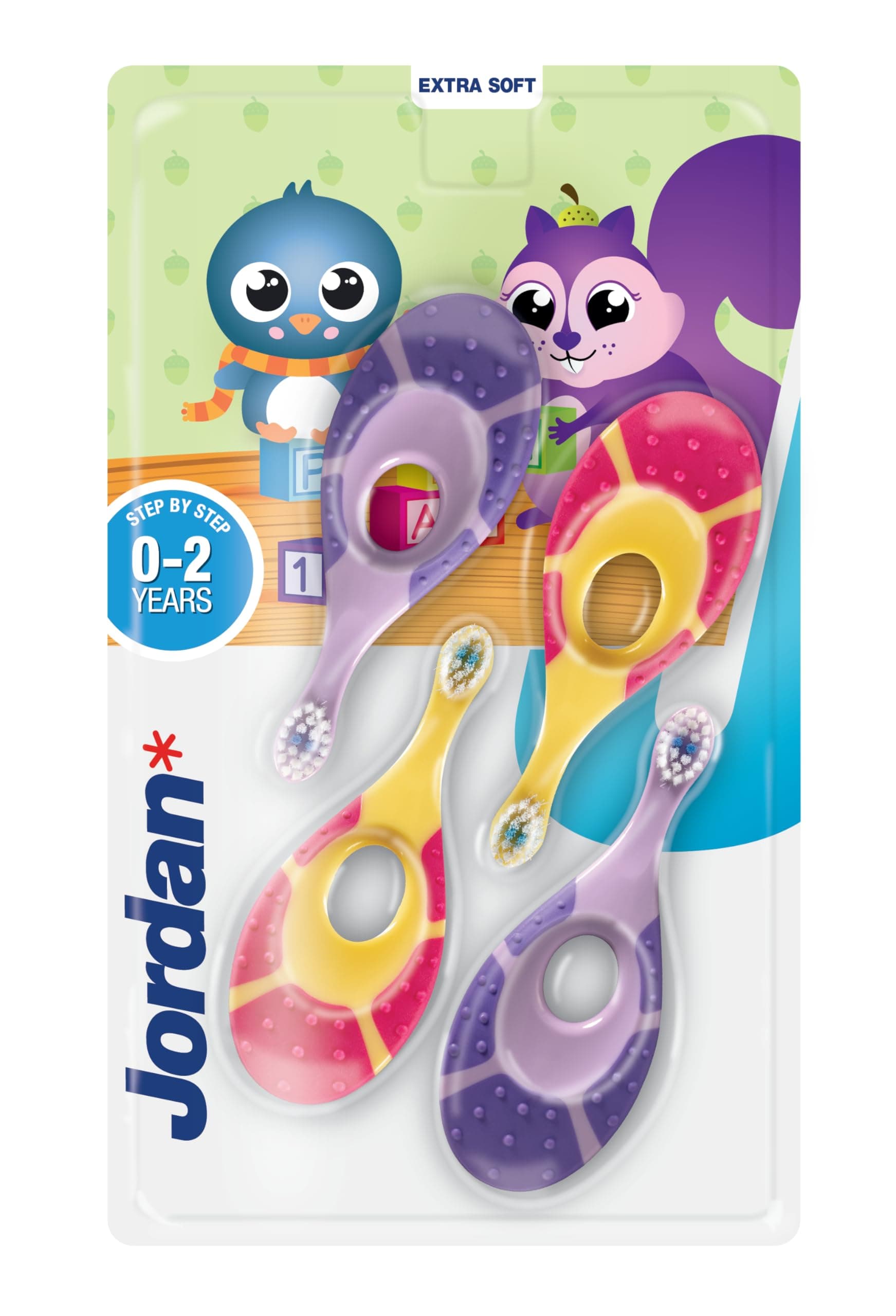 Jordan ® | Step 1 | Brosse à dents pour bébés de 0 à 2 ans | La brosse à dents pour tout-petits avec des poils extra doux & un anneau de morsure doux pour gencives des bébés | Rose & Violet | 4 unités
