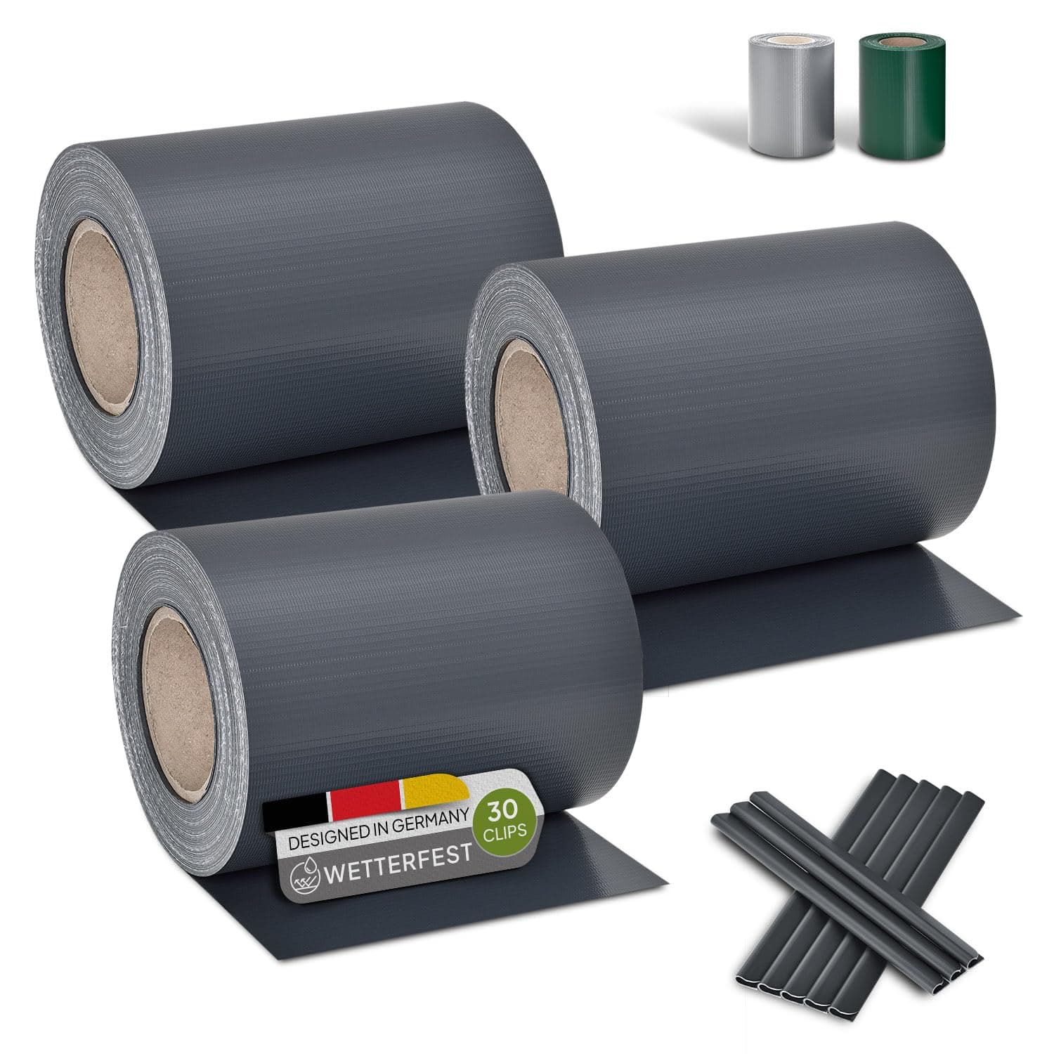 Juskys PVC Sichtschutzstreifen Doppelstabmatten Zaun 3er Set - 3 Rollen á 35m x 19cm - 90 Befestigungsclips - Zaunfolie Sichtschutz Windschutz - anthrazit