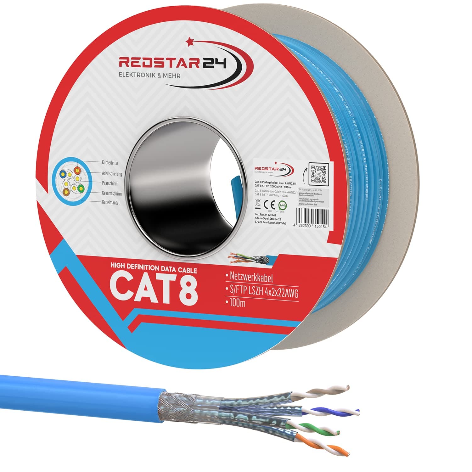 RedStar24 CAT 8 Cable Ethernet 100m - Cable de Red CAT8.1 LAN Cobre Cable de Datos CAT.8 Gigabit S/FTP Categoria 8, Libre de Halógenos PIMF PoE 40Gbit Conexión de Red, RoHS, AWG 22/1, 100 Metros