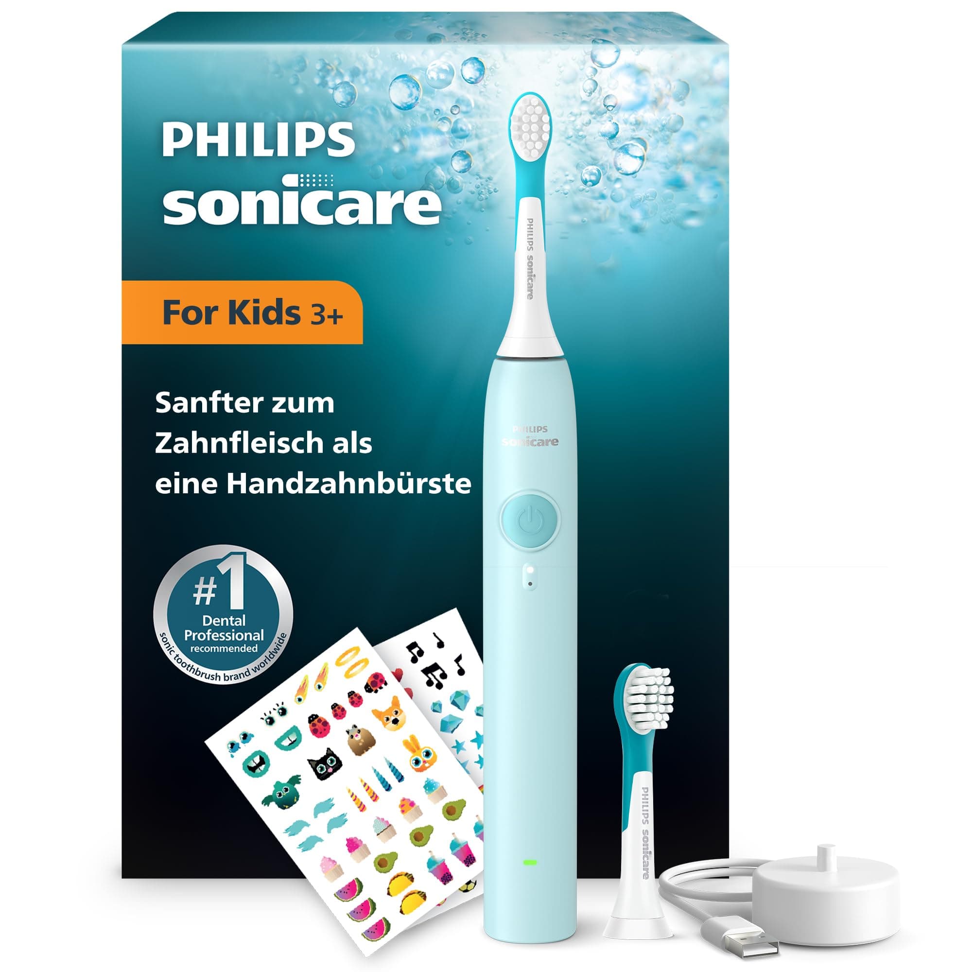 Philips Sonicare for Kids elektrische Kinderzahnbürste - Schallzahnbürste für Kinder ab 3 Jahren, 2 sanfte Putzprogramme, 2-Minuten-Timer, 2 Mini Bürstenköpfe, Blaugrün, Modell HX6500/23