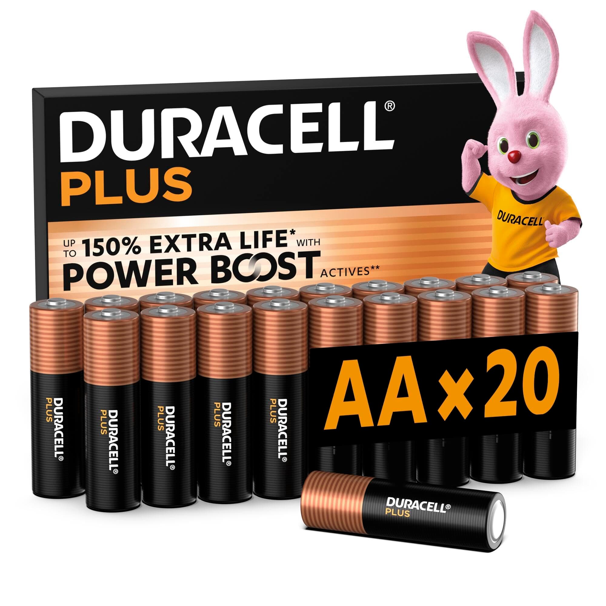 DURACELL Batterie Plus AA (Confezione da 20) – Batterie Alcaline da 1,5 V – Fino al 150% di durata extra con Attivi POWER BOOST– Affidabilità per i dispositivi di utilizzo quotidiano –MN1500