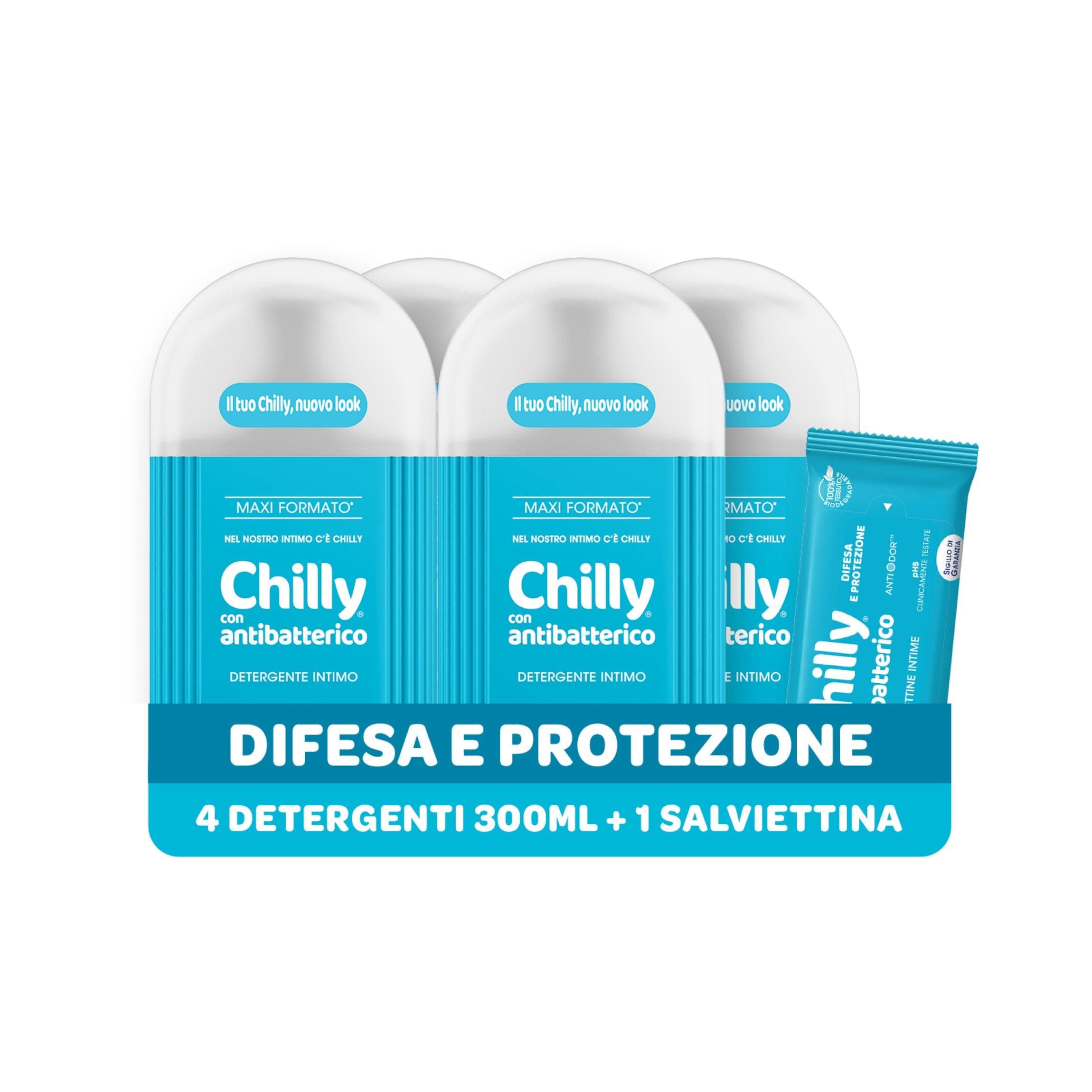 Chilly Detergente Antibatterico per l'Igiene Intima con Azione di Difesa e Protezione, Fragranza di Timo e Salvia, PH 5, Clinicamente Testato, Confezione da 4 Flaconi da 300ml