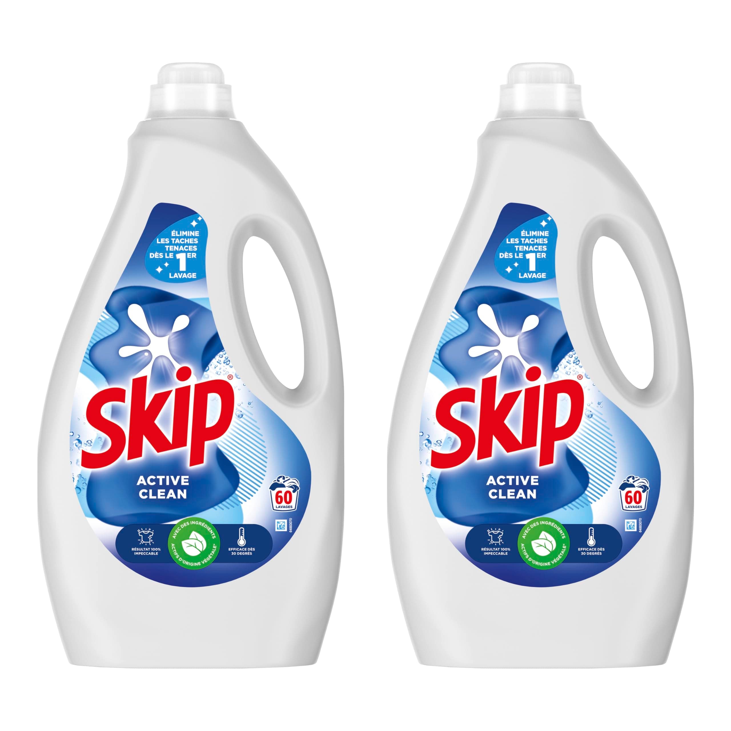 Skip - Lessive Liquide Active Clean - Propreté Impeccable - Fraîcheur Longue Durée - Détache les vêtements tout en respectant fibres et couleurs - 2x60 Lavages