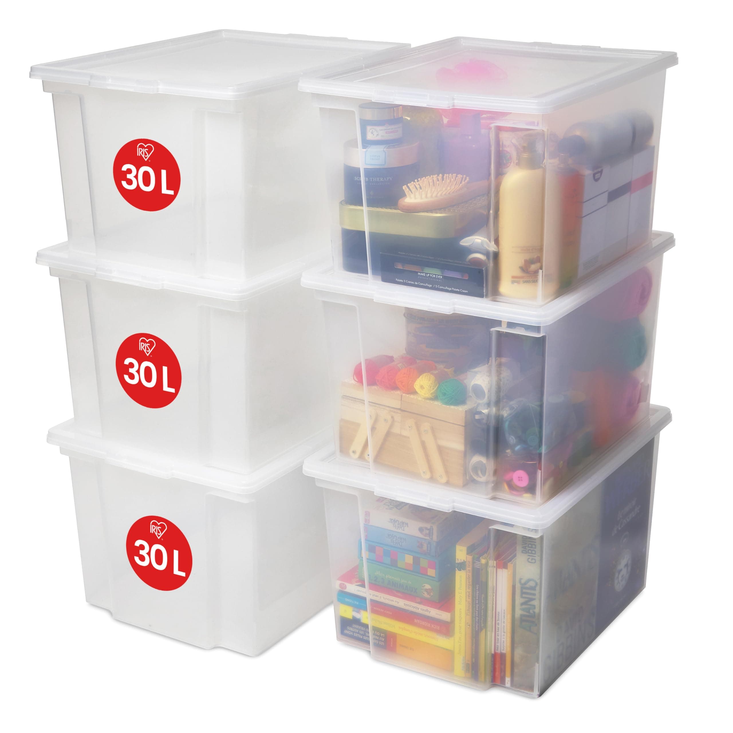 Iris Ohyama, Scatole portaoggetti in plastica con coperchio da 30 L, Lotto di 6 grandi scatole impilabili, Senza BPA, Lavanderia, Ufficio, USB-M, Trasparente - L42 x P35,5 x A26,5 cm