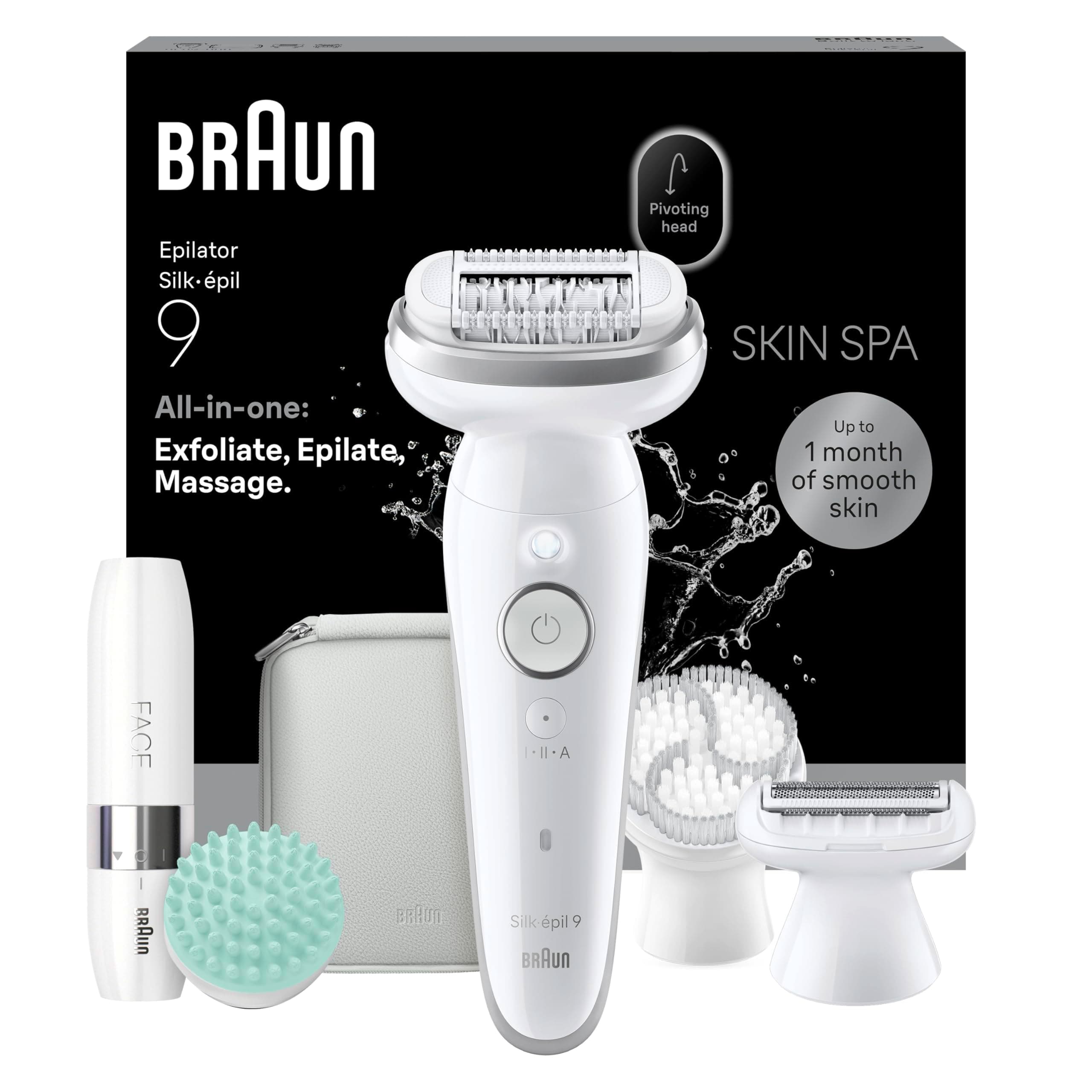 Braun Silk Epil 9 SkinSpa, Epilatore Elettrico Donna Con Testina Flessibile, Wet&Dry, Pelle Liscia A Lungo, Spazzola Esfoliante, Accessorio Massaggiante Corpo, Testina Radente, Cappuccio Regolatore