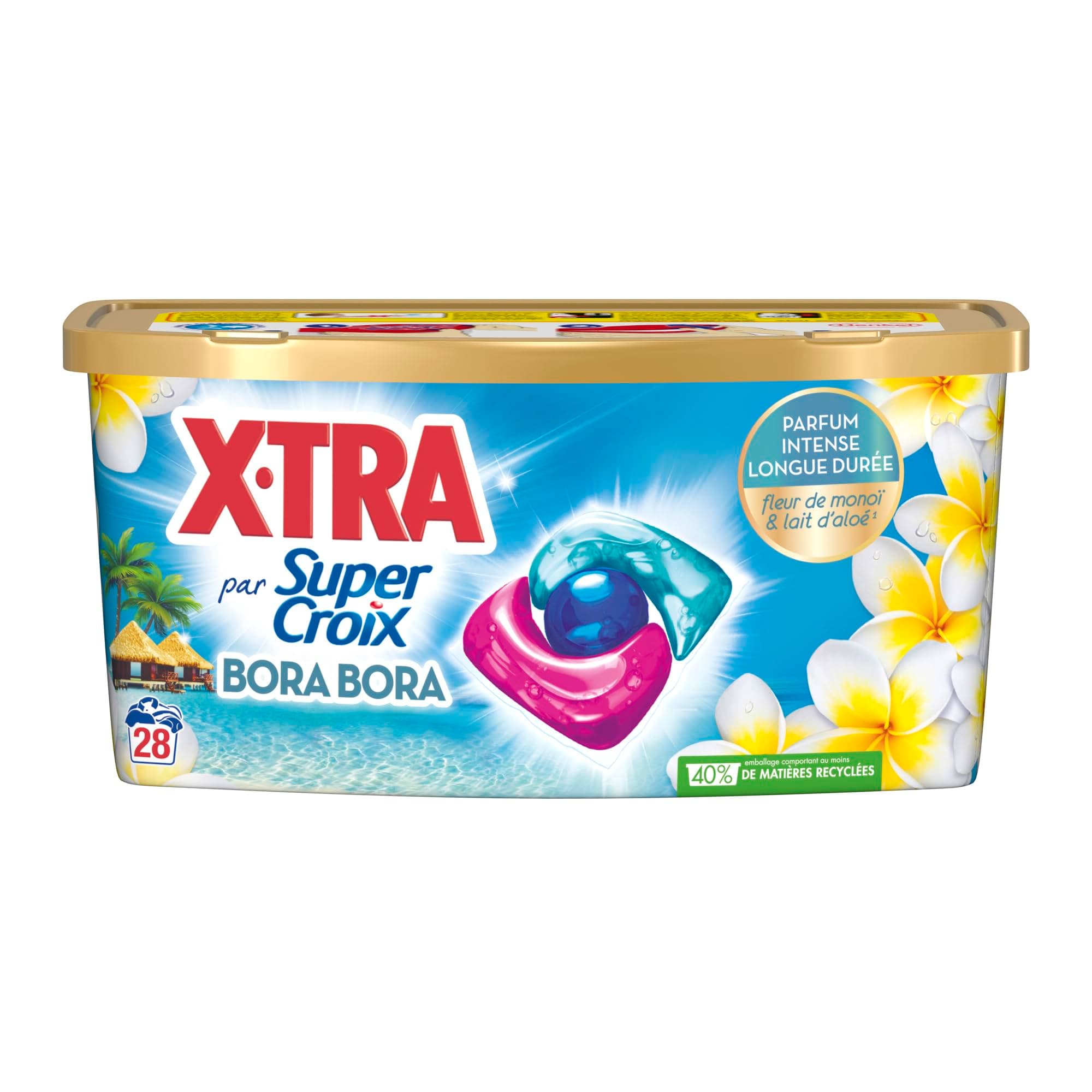 XTRA par Super Croix, Bora Bora, Lessive en Capsules, Lessive Parfumee, Parfum Fleur de Monoi & Lait d'Aloe, Efficace des 20°C, Proprete & Evasion a Chaque Lavage, 28 Unites