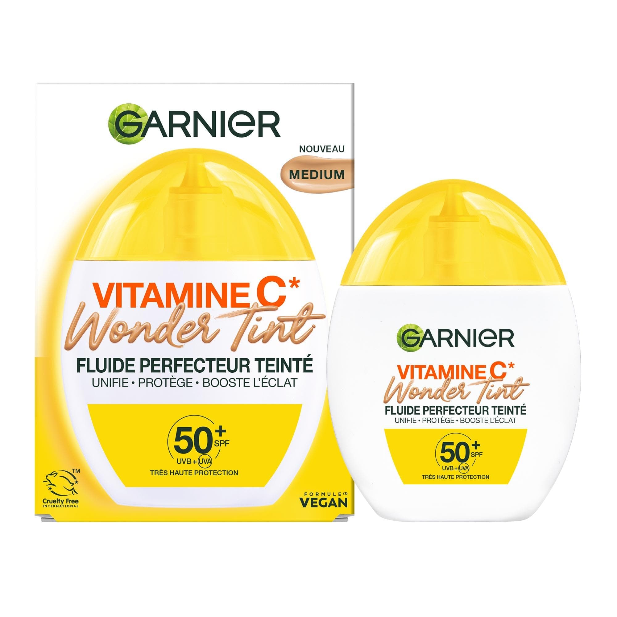 GARNIER - SkinActive Vitamine C - Fluide Perfecteur Teinté Wonder Tint SPF50+ - Soin Teinté Visage Protecteur - Unifie, Hydrate & Réduit les Taches Brunes - Tous Types de Peaux - Teinte Medium - 40 ml