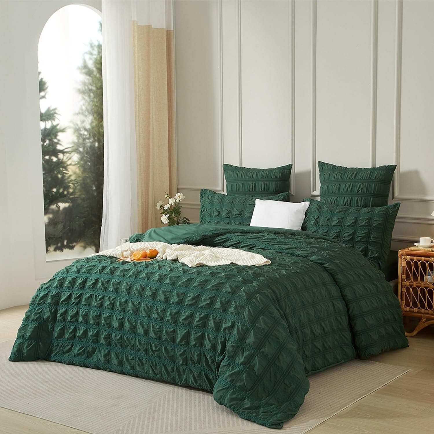 Luofanfei Seersucker Housse de Couette Vert Foncé 220x240 Unie a Carreaux Rayés Parure de Lit 2 Personnes Adulte en Microfibre Uni Parure Housse Couette zippée avec 2 Taies d'oreiller 65x65