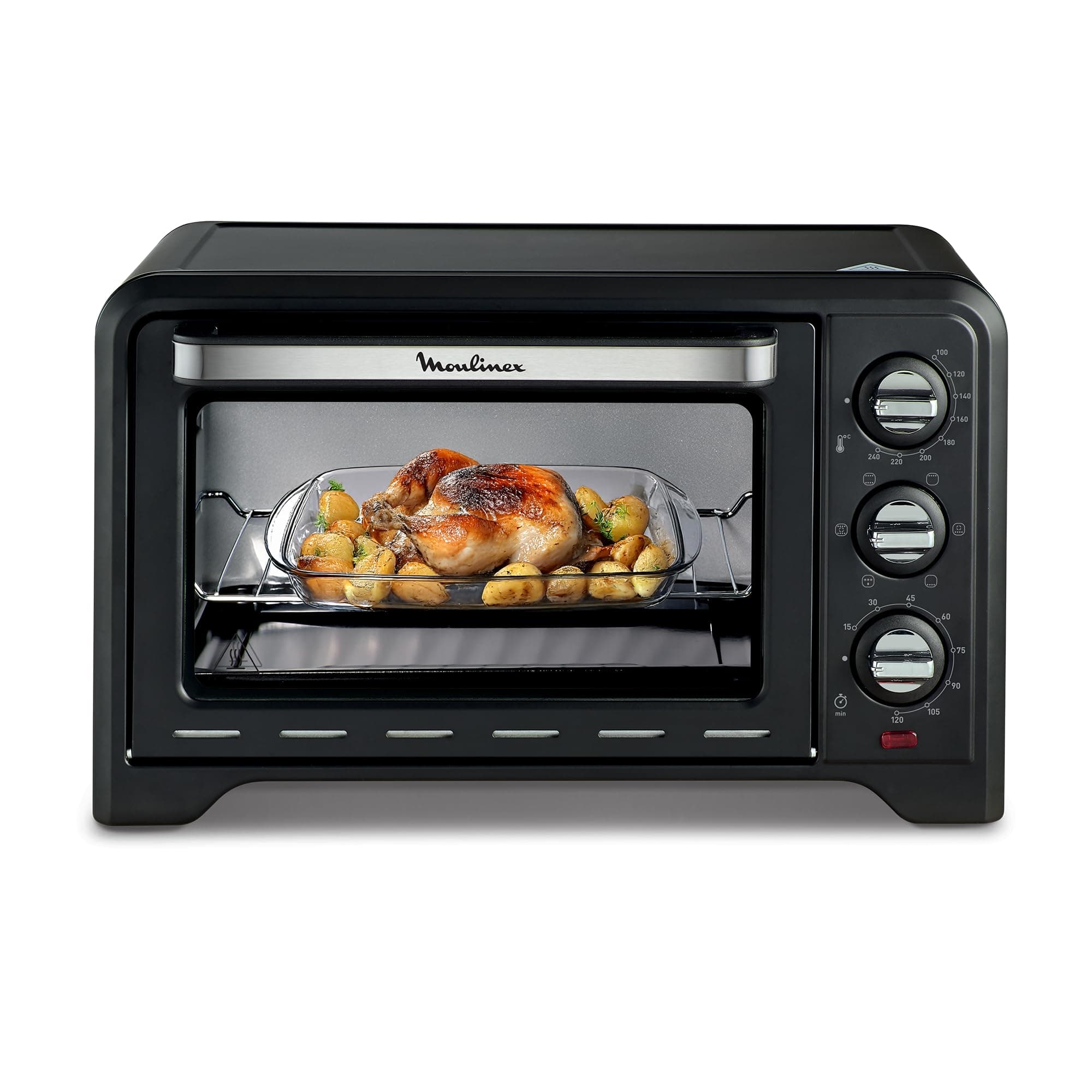 Moulinex Four électrique posable 19 L, Compact, chaleur tournante, 6 modes de cuisson, Thermostat réglable jusqu’à 240°C, Minuteur 120 min, Grille réversible, Lèche frites, Optimo noir OX444810