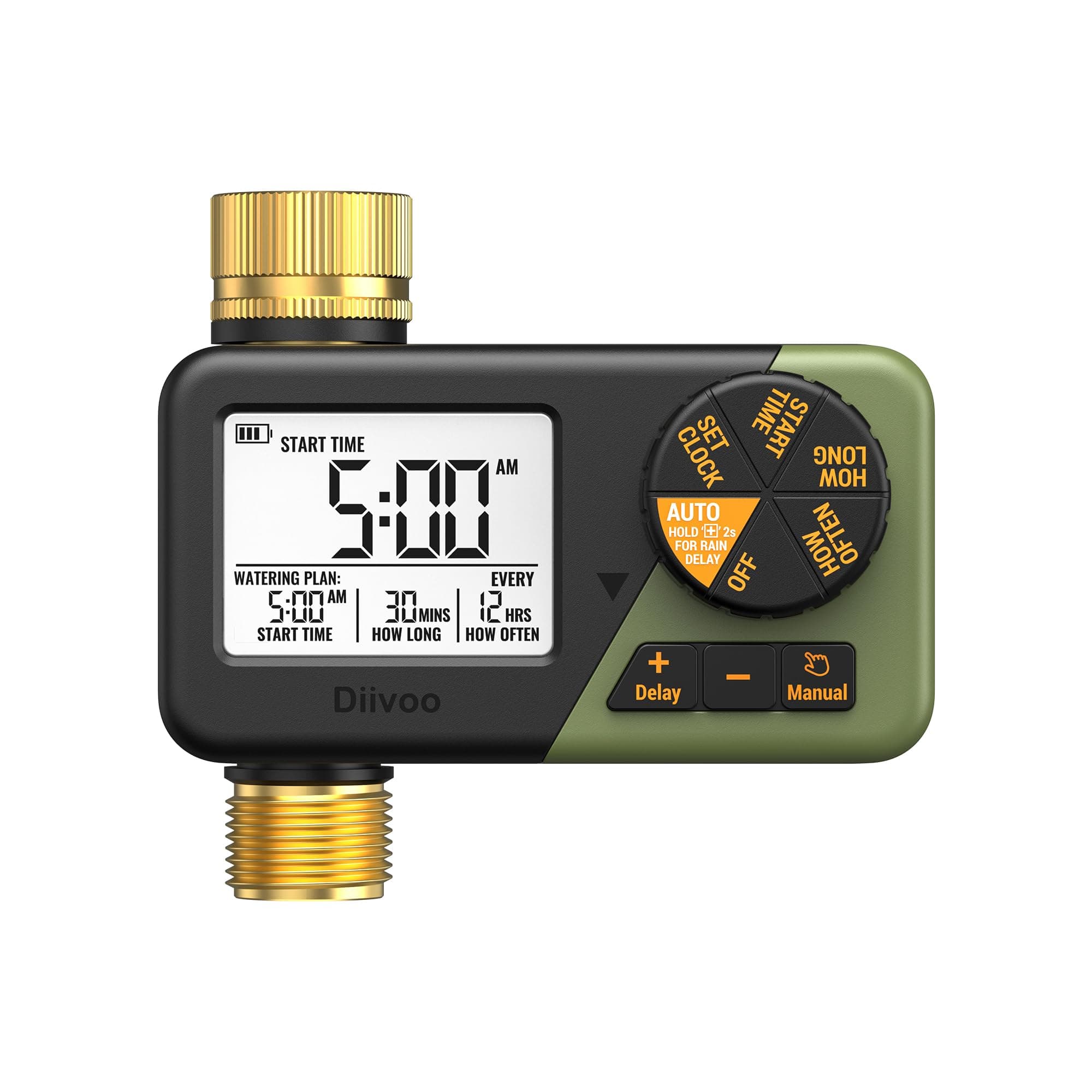 Diivoo Ottone Timer Irrigazione, IP66 Temporizzatore Irrigazione con Ampio Display LCD, Ritardo Pioggia e Irrigazione Manuale, Centralina Irrigazione per Giardini, Prati e Patii