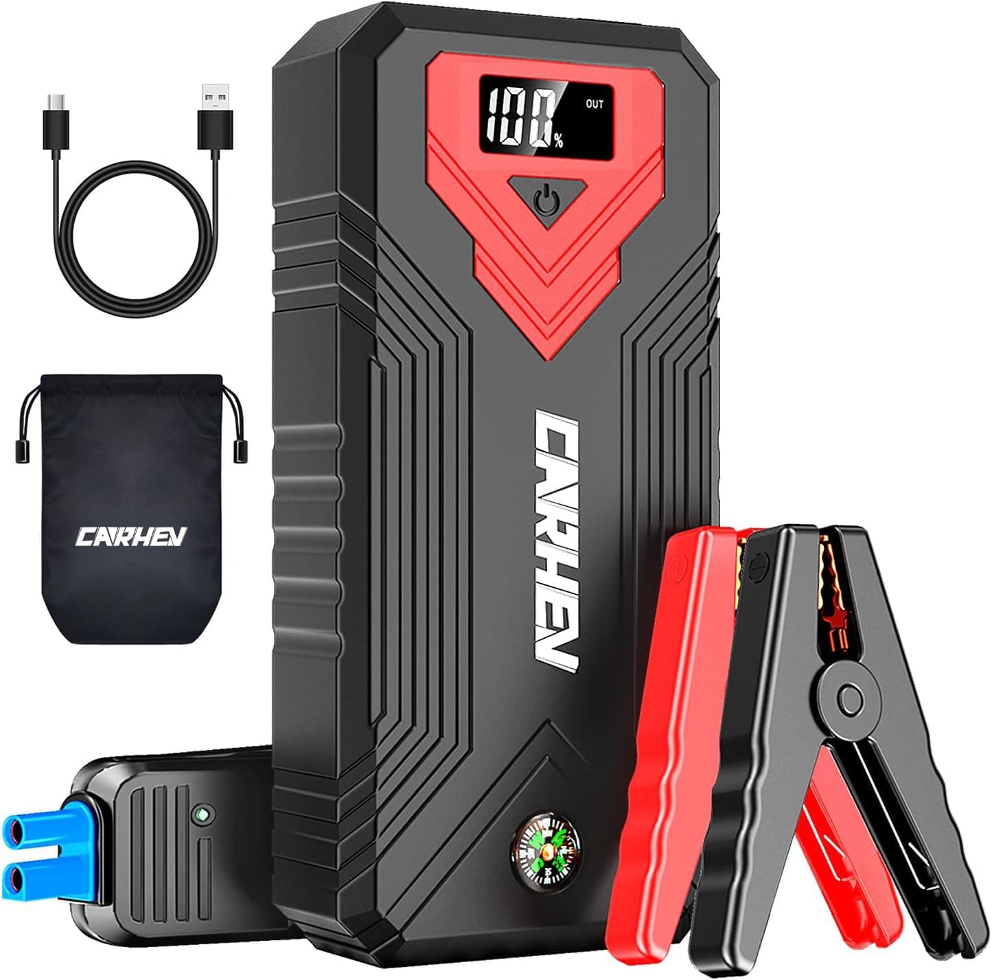 CARHEV Booster Batterie Voiture 4000A, Démarreur de Voiture (Jusqu’à 8.0L Essence & 8.0L Diesel), 12V Car Jump Starter avec Pinces de Sûreté Intelligentes, Lumière LED à 3 Modes