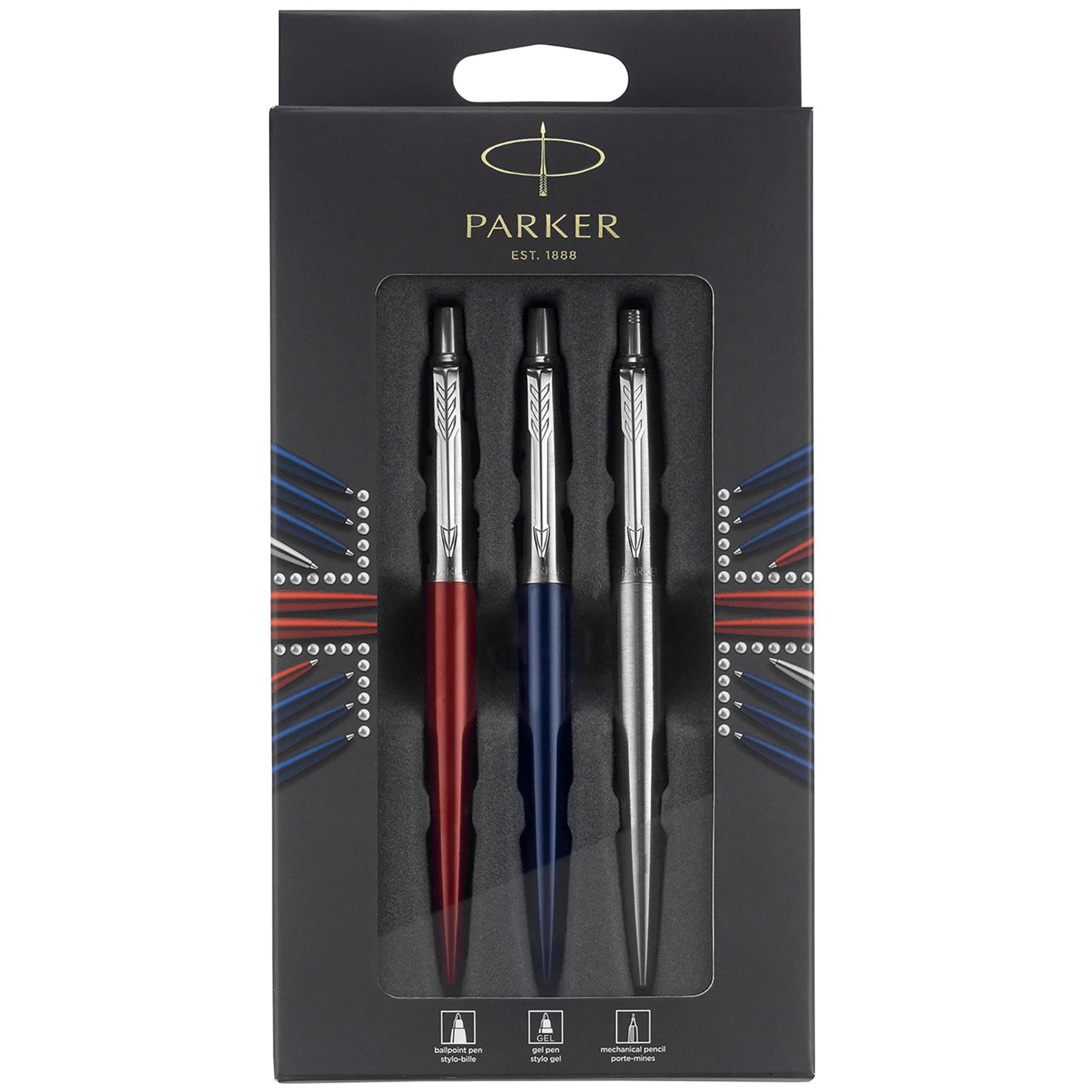 Parker Jotter London paquete Trio Discovery: bolígrafo de color azul Royal, bolígrafo de gel de color rojo Kensington y portaminas de acero inoxidable